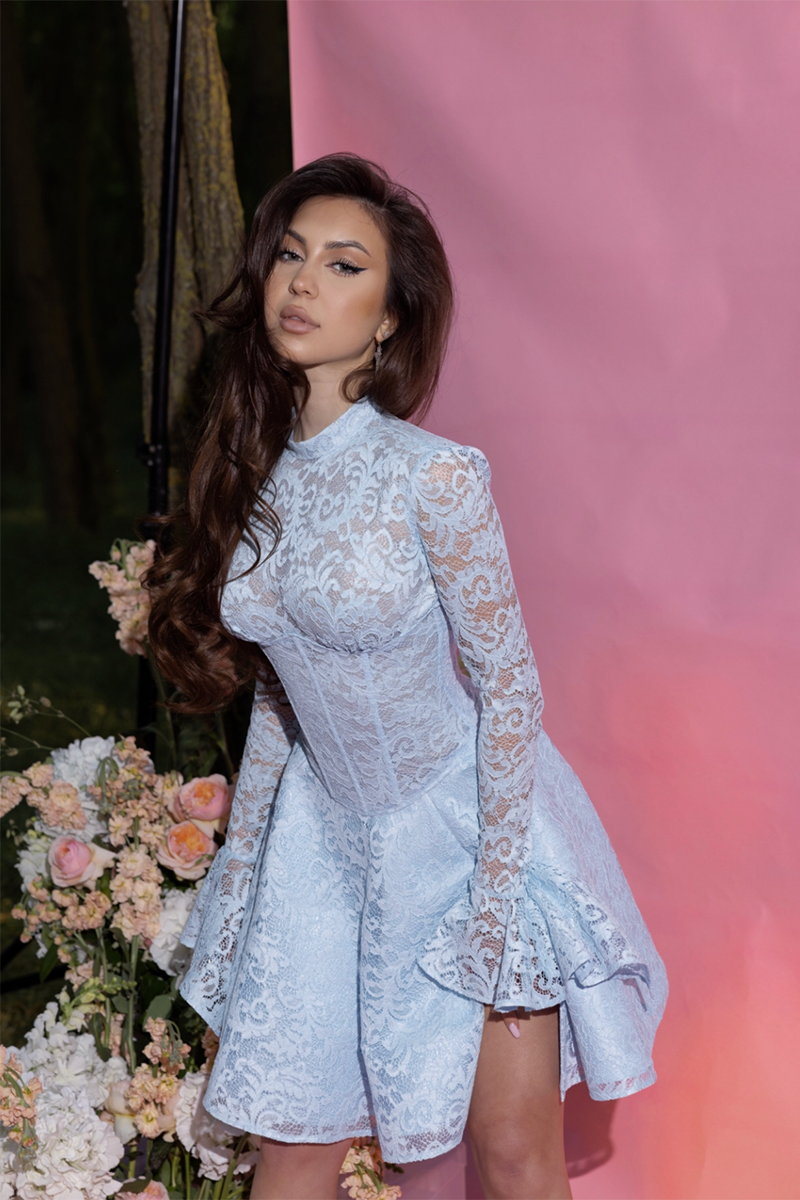 H5686 - High Neck Long Sleeves Sheer Lace A-Line Mini Homecoming Dress