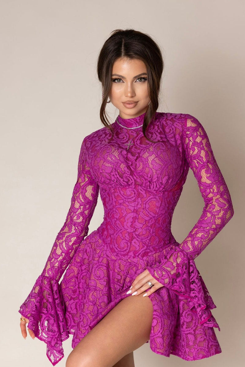 H5689 - High Neck Long Sleeves Sheer Lace A-Line Mini Homecoming Dress