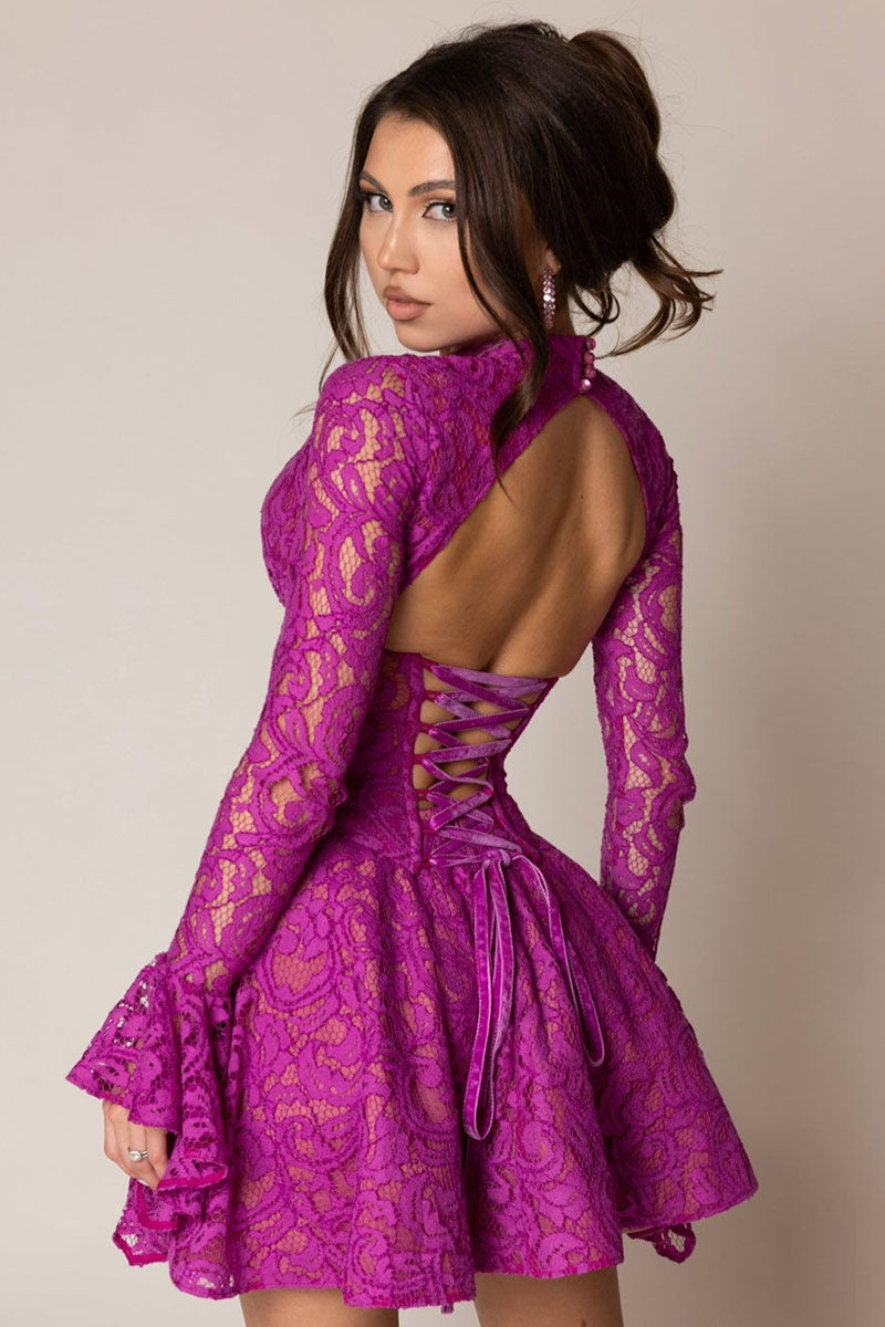 H5689 - High Neck Long Sleeves Sheer Lace A-Line Mini Homecoming Dress