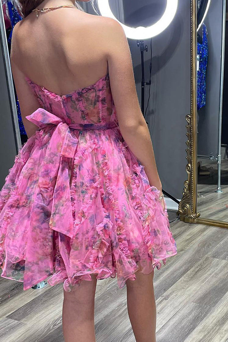 H5706 - Sweetheart Strapless Print Ruched Sheer Tulle A-Line Mini Homecoming Dress