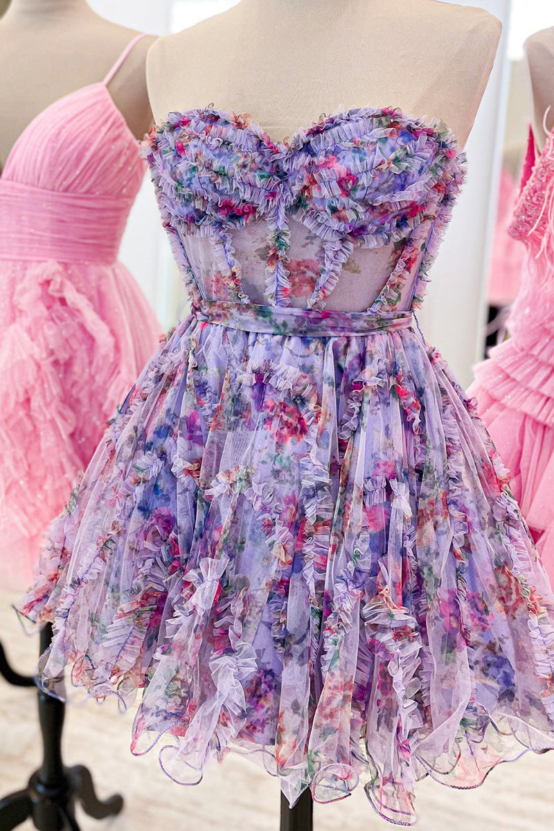 H5706 - Sweetheart Strapless Print Ruched Sheer Tulle A-Line Mini Homecoming Dress