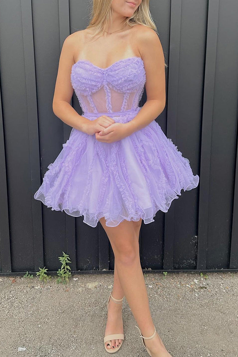 H5712 - Sweetheart Strapless Ruched Sheer Tulle A-Line Mini Homecoming Dress