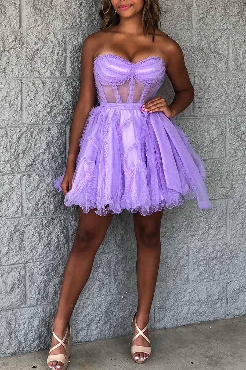 H5712 - Sweetheart Strapless Ruched Sheer Tulle A-Line Mini Homecoming Dress