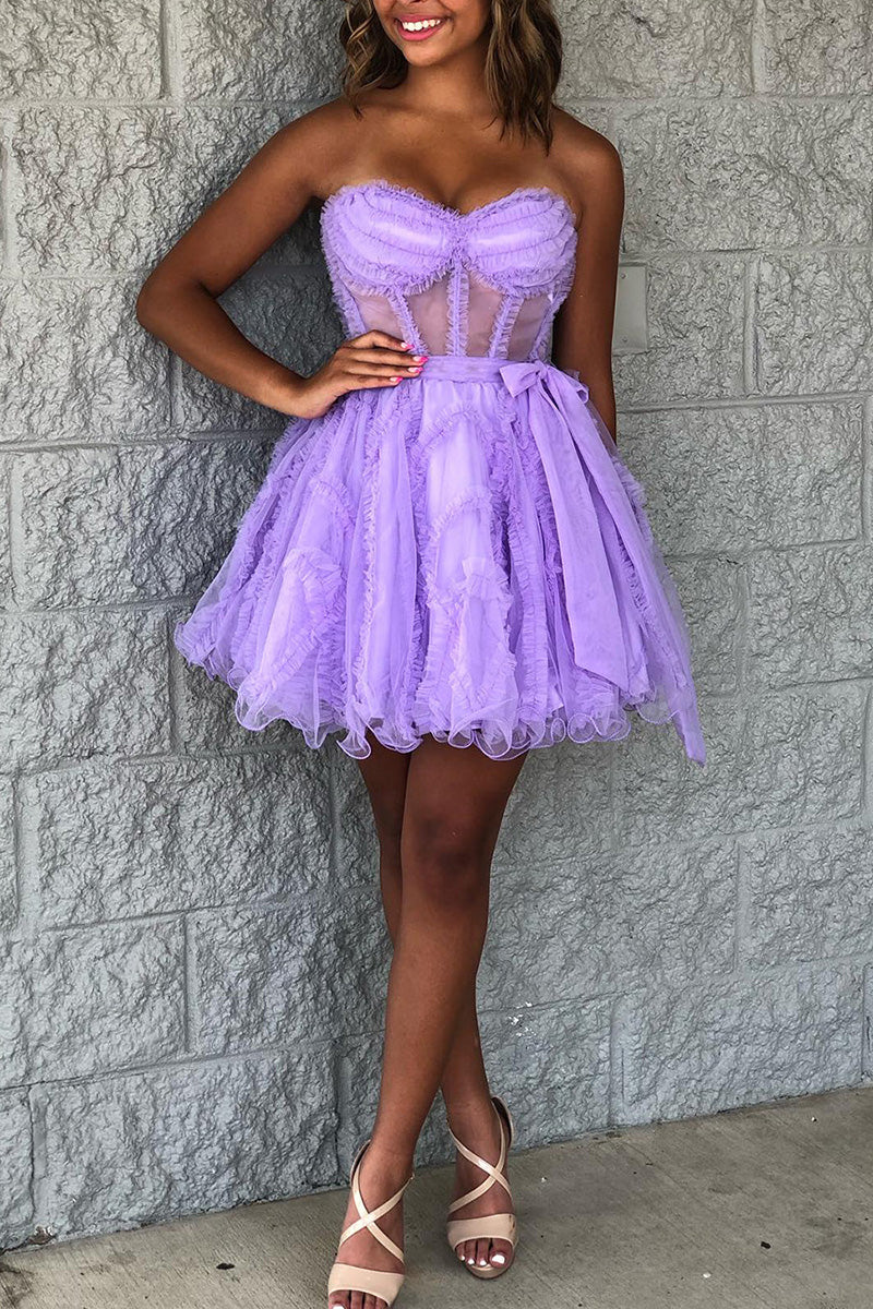 H5712 - Sweetheart Strapless Ruched Sheer Tulle A-Line Mini Homecoming Dress