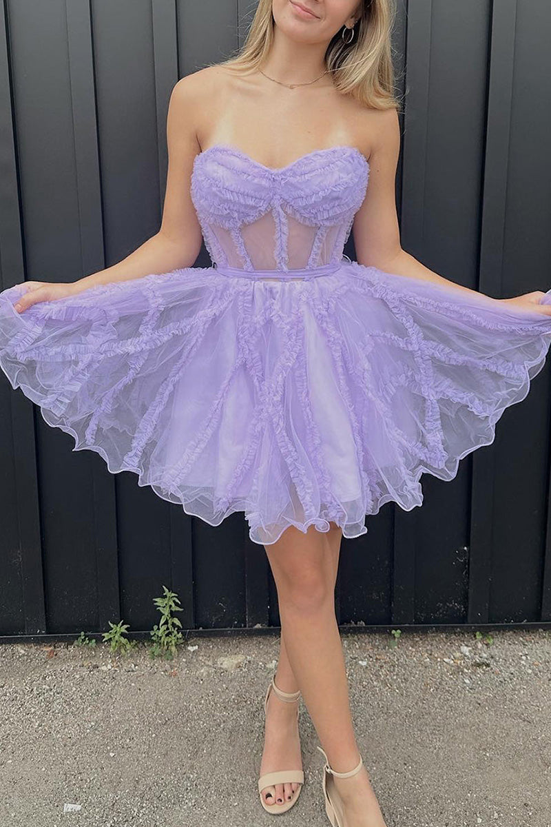 H5712 - Sweetheart Strapless Ruched Sheer Tulle A-Line Mini Homecoming Dress