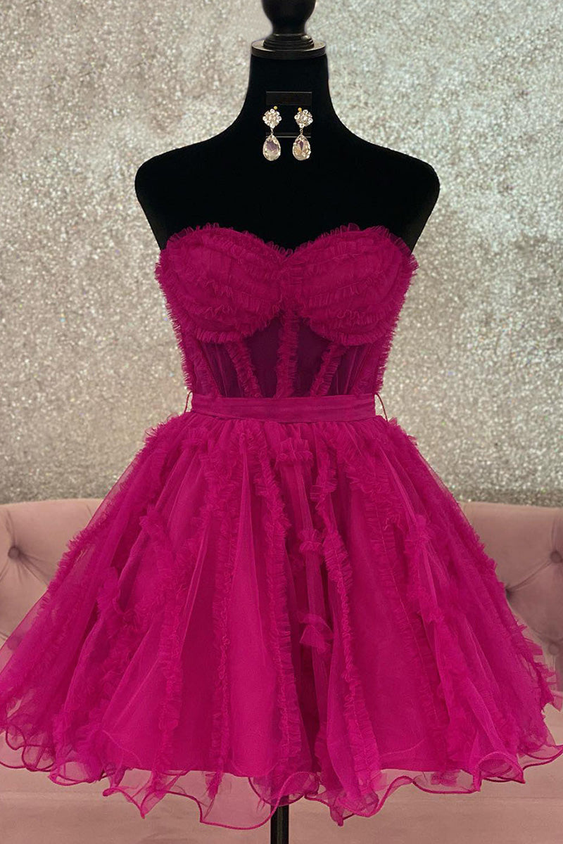 H5712 - Sweetheart Strapless Ruched Sheer Tulle A-Line Mini Homecoming Dress