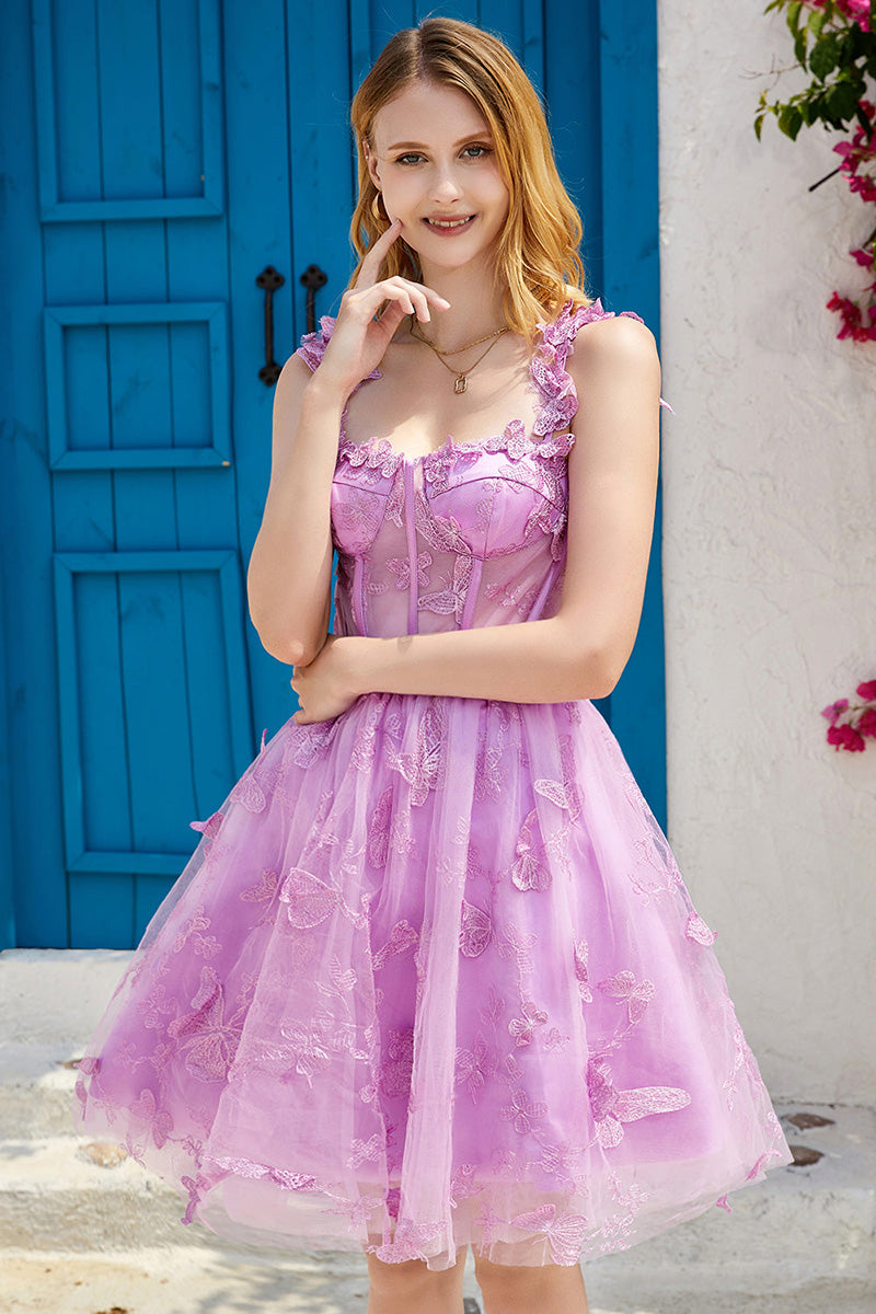 H5713 - Square Neck Sleeveless Appliqued Sheer Tulle A-Line Mini Homecoming Dress