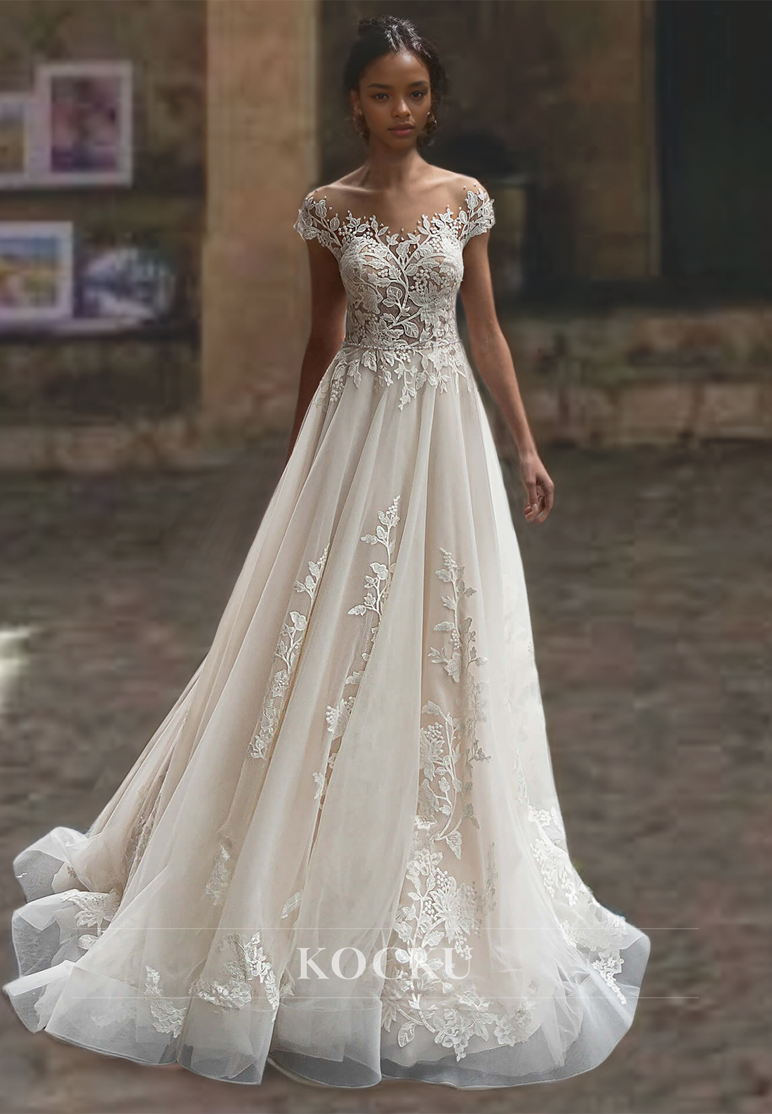 A-Line Off-Shoulder Sleeveless Sweep Train Appliques Lace Wedding Dress with Beaded Bridal Gowns