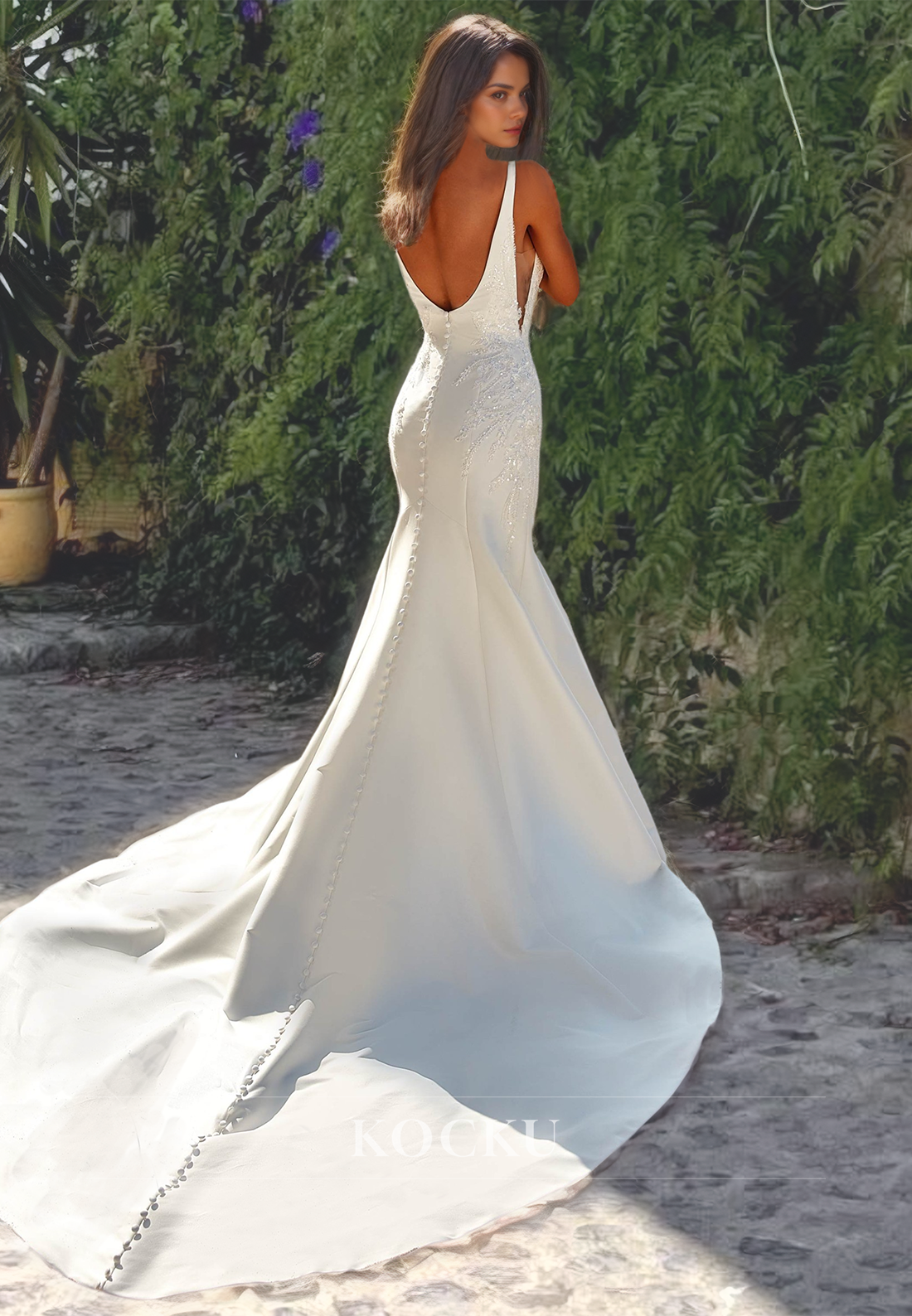 V-Neck Mermaid Spaghetti Straps Appliques Satin Wedding Dress with Sweep Train Bridal Dress