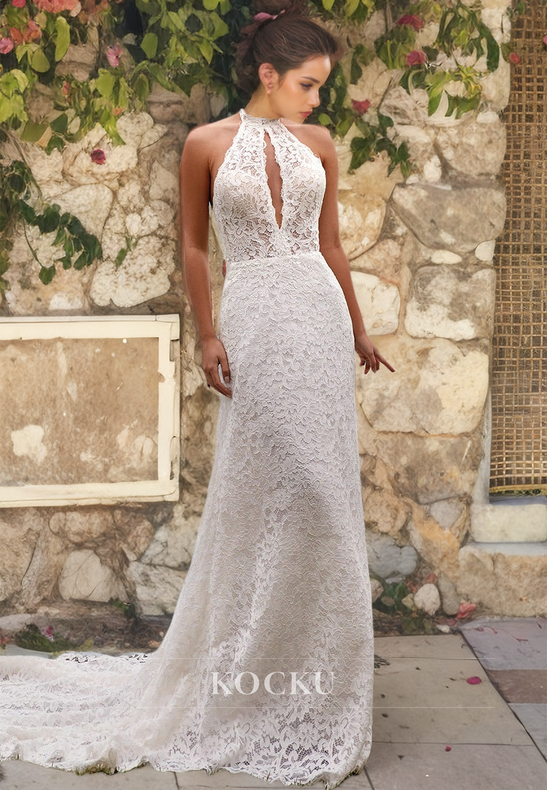 Asymmetrical Sheath Sleeveless Sweep Train Appliques Lace Bridal Gowns with Cut Outs Wedding Dress