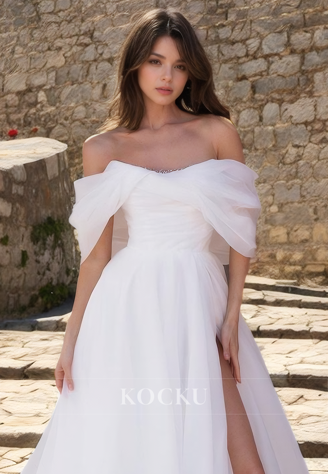 Classic & Timeless Off-Shoulder A-Line Split Satin Wedding Dress