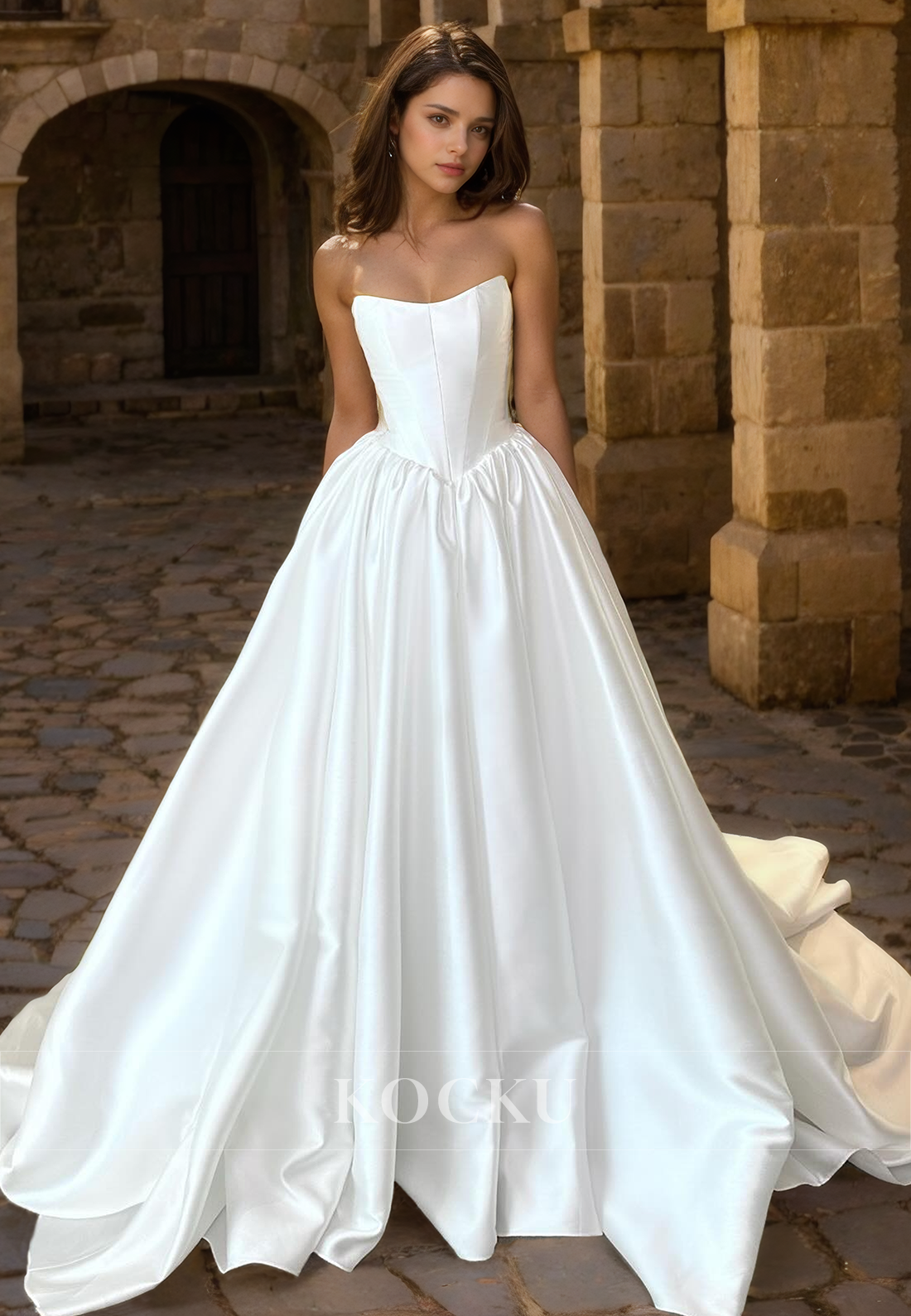 Elegant & Simple Off-Shoulder Sleeveless A-Line Satin Wedding Dress