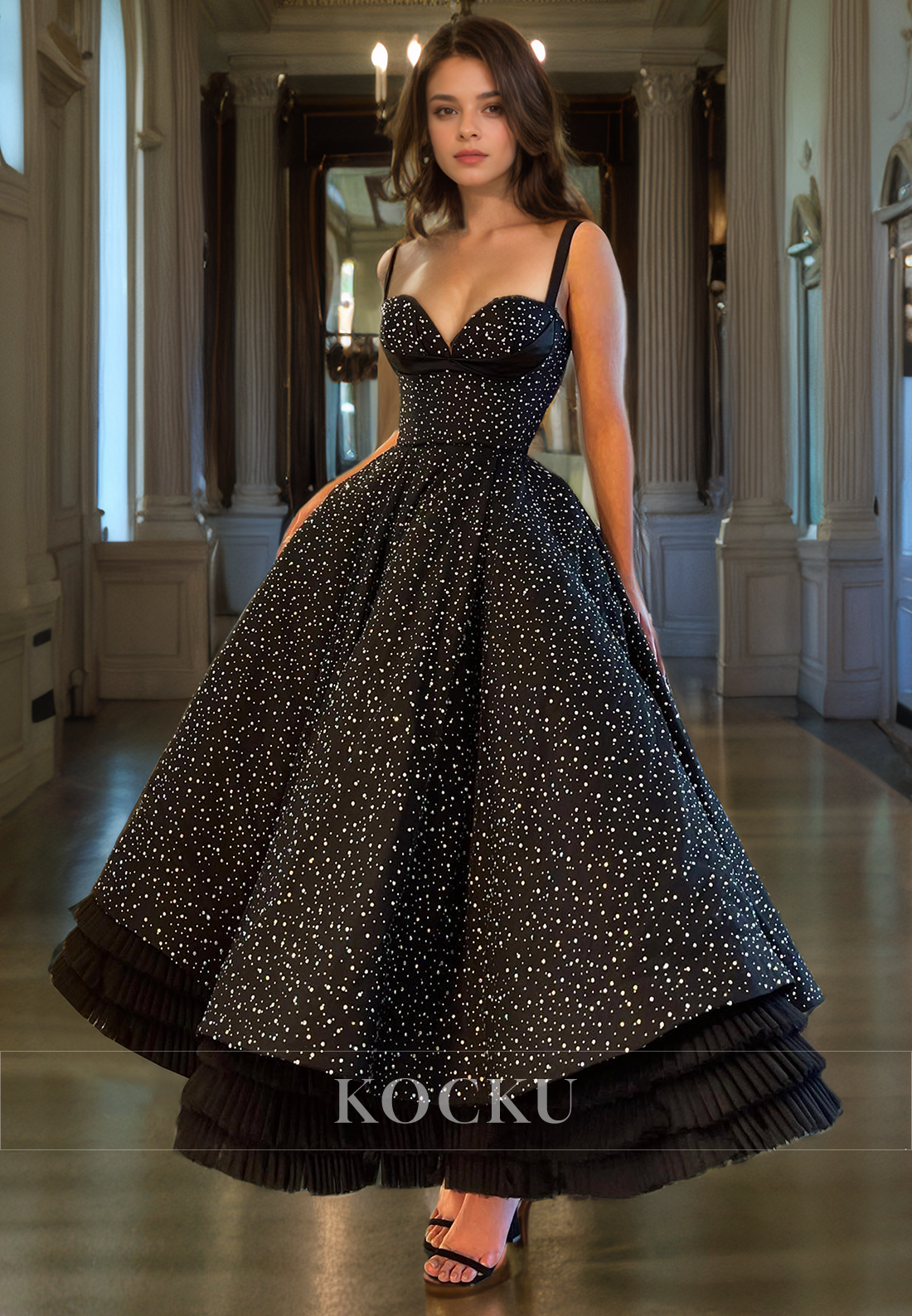 Couture & Ornate Spaghetti Straps V-Neck A-Line Sparkly Evening Party Prom Dress