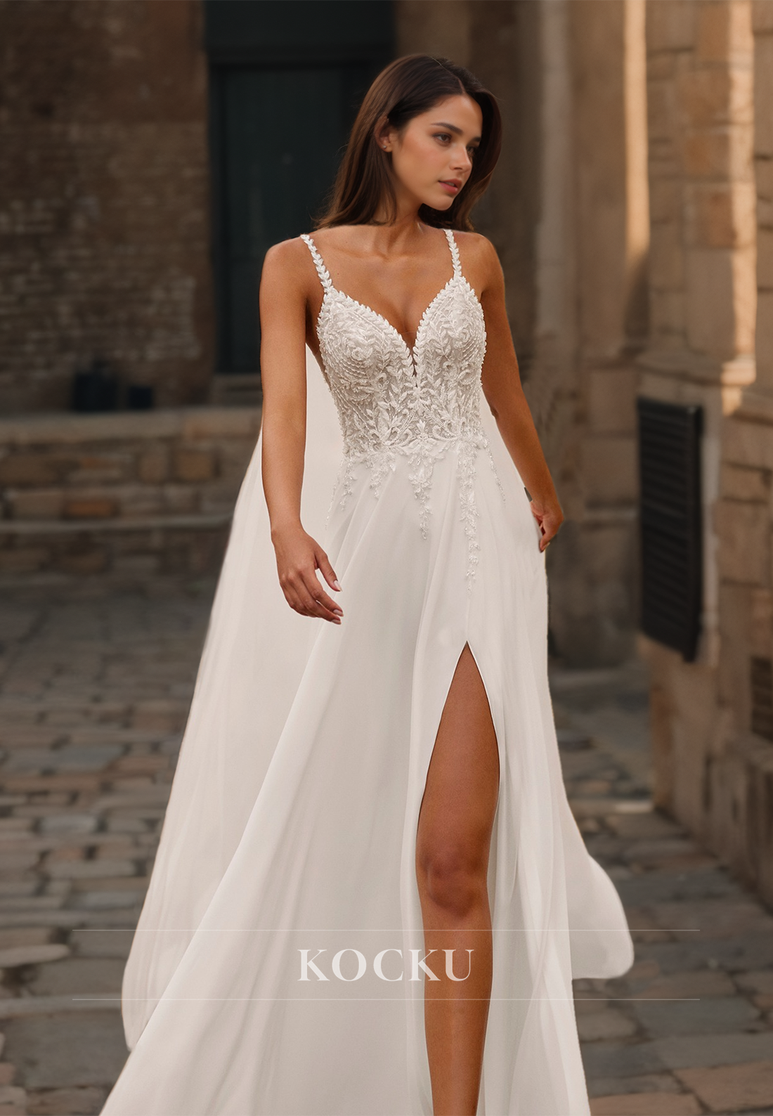 Spaghetti Straps A-Line V-Neck Sweep Train High Split Appliques Satin Wedding Dress with Beads