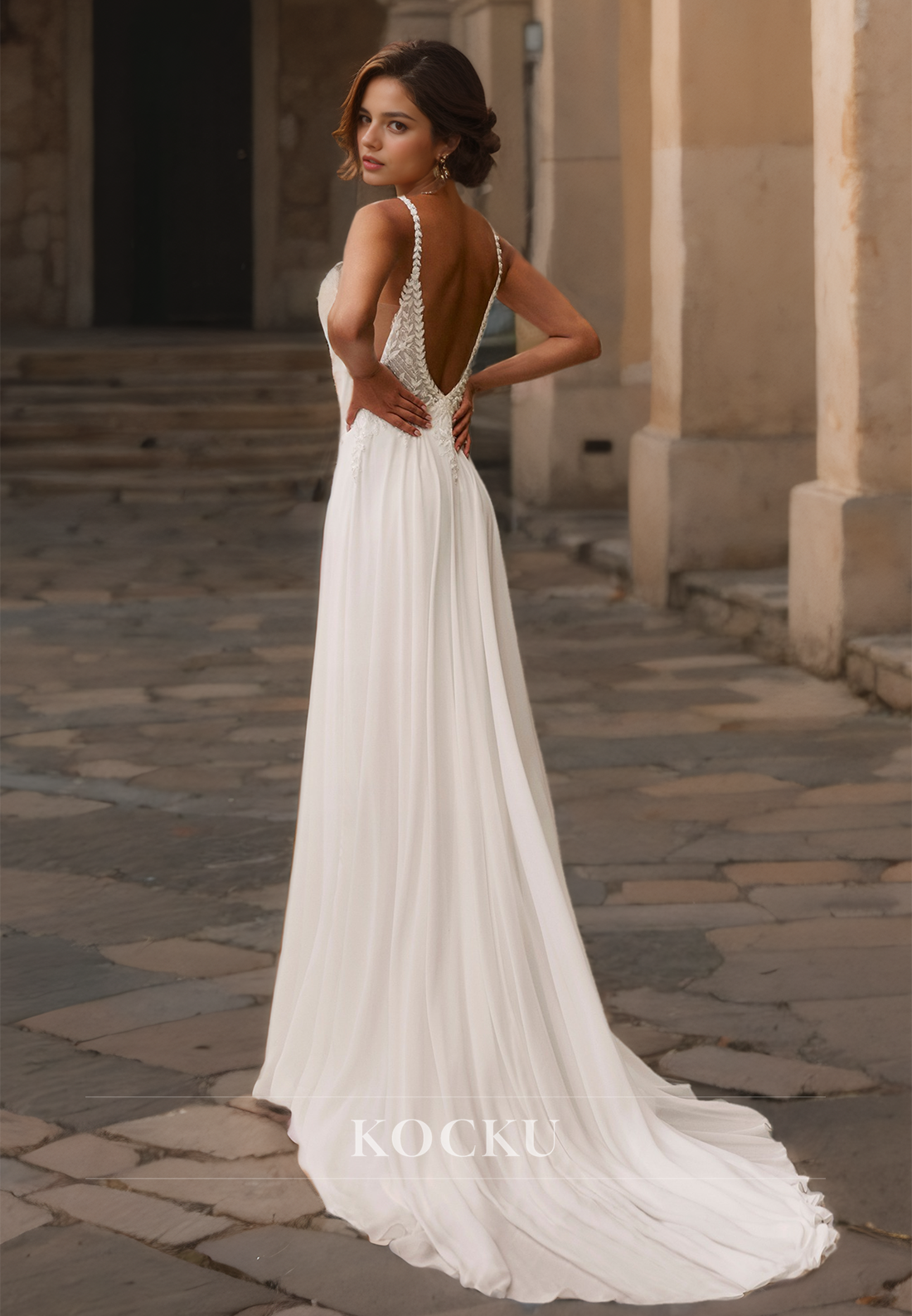 Spaghetti Straps A-Line V-Neck Sweep Train High Split Appliques Satin Wedding Dress with Beads