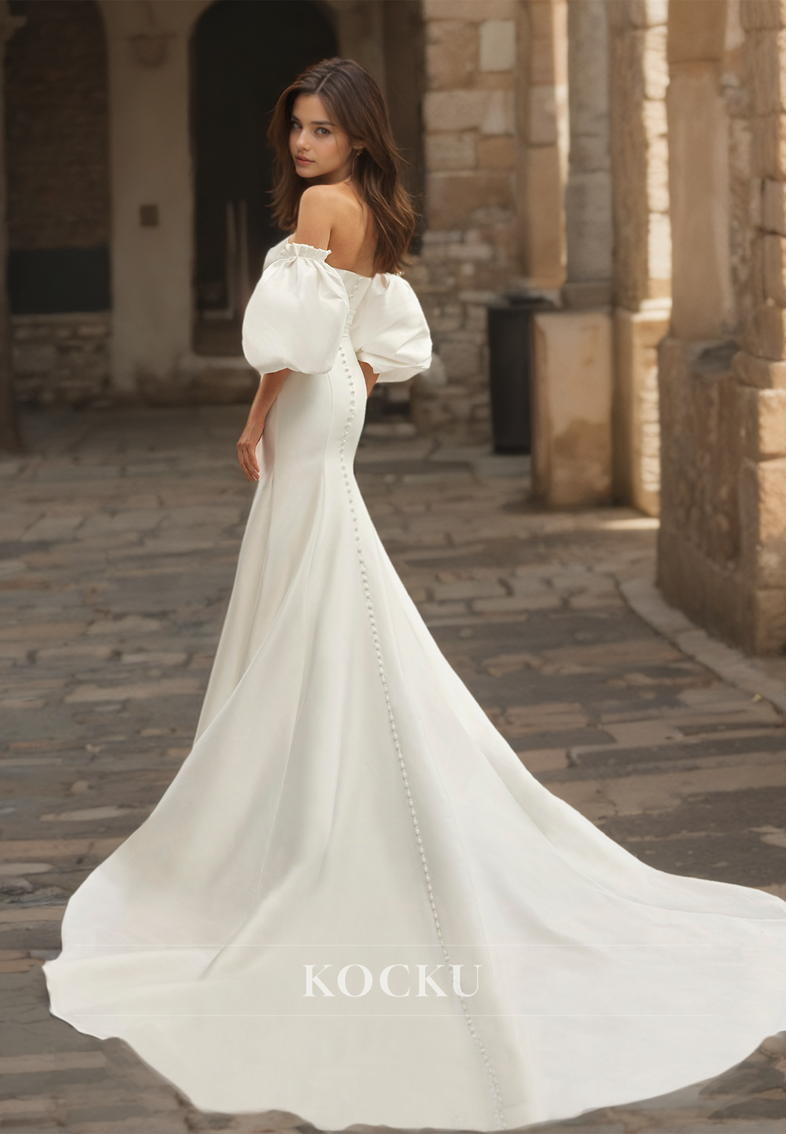 Asymmetrical Mermaid Puff Sleeves Pleated Satin Wedding Dress with Train Bridal Gowns