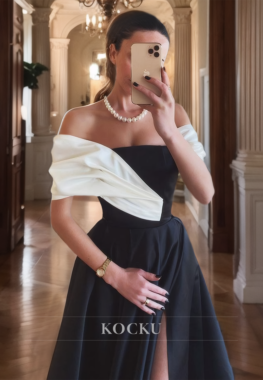 Off-Shoulder A-Line Formal Gowns High Split Sleeveless Floor-Length Satin Prom Dress with Pleated