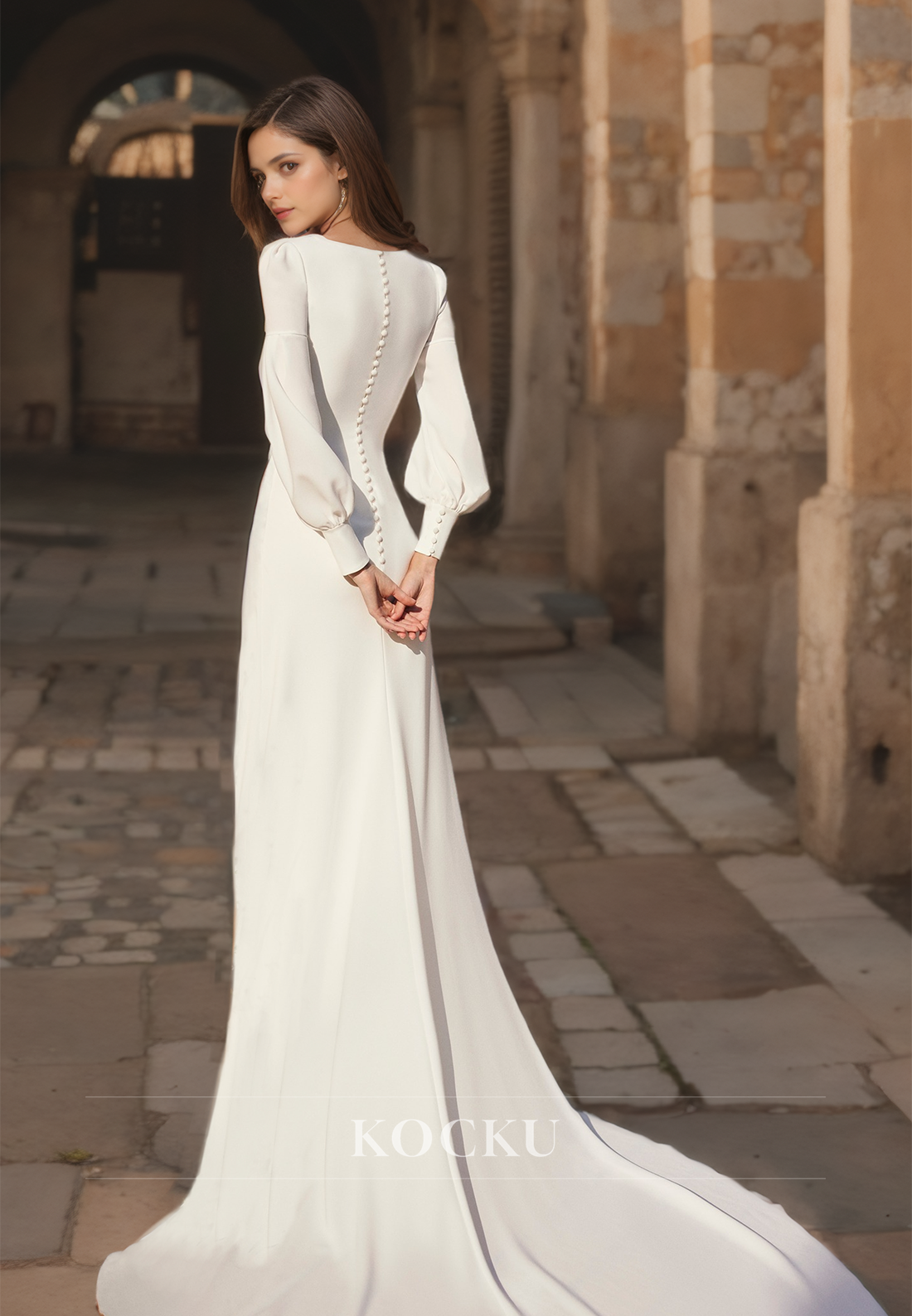 Sheath Square Long Sleeves High Split Sweep Train Satin Wedding Dress with Pleated Bridal Gowns