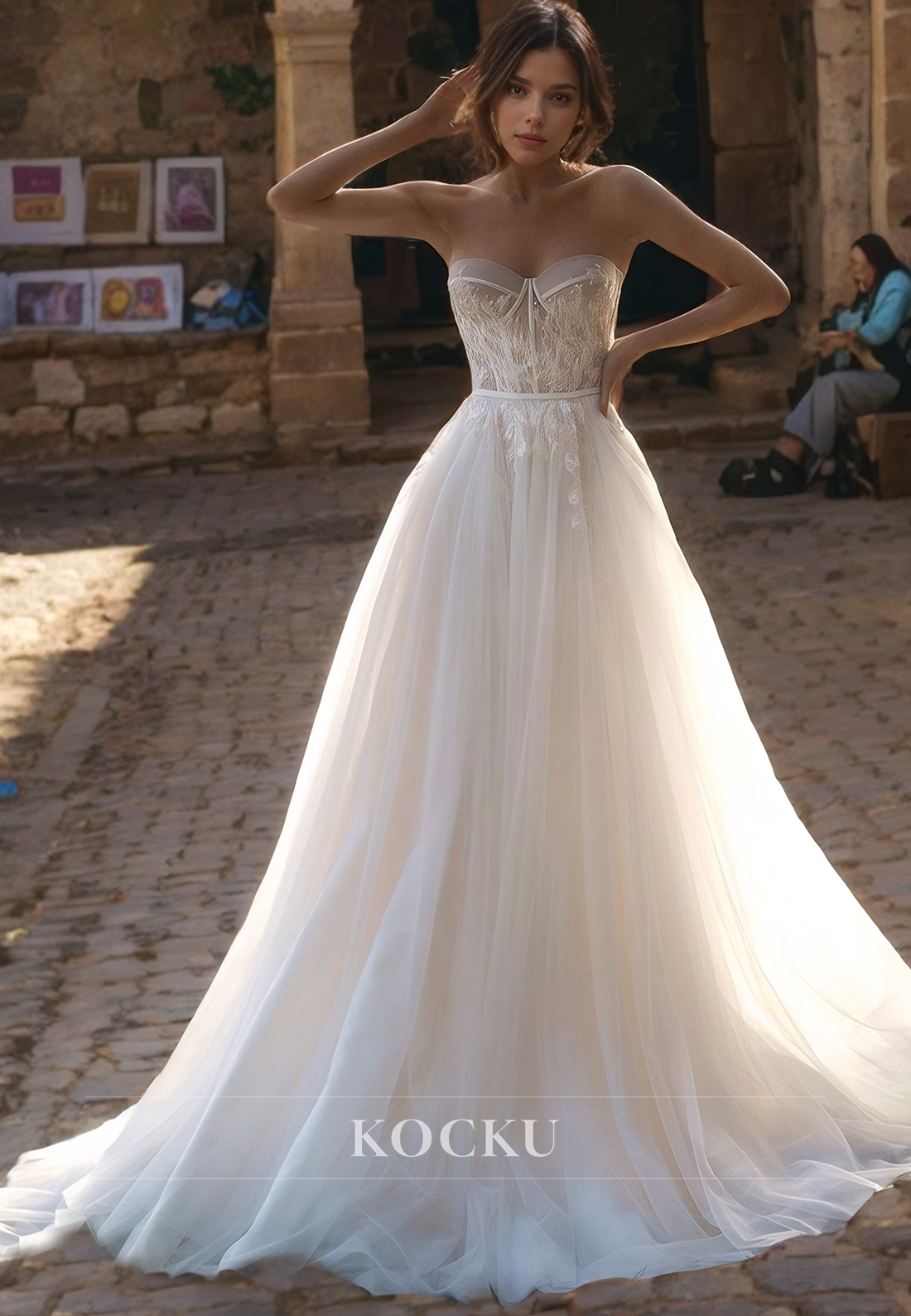 A-Line Sweetheart Boho Wedding Dress Sleeveless Sweep Train Lace Beach Gowns with Appliques