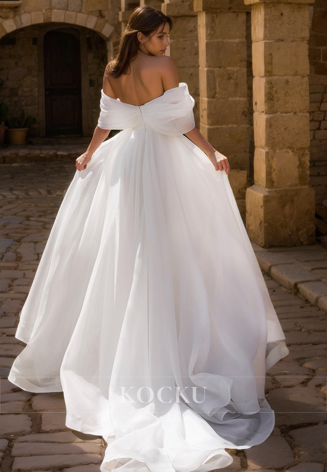 Classic & Timeless Off-Shoulder A-Line Split Satin Wedding Dress