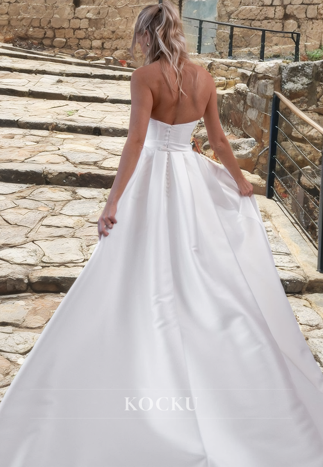 Strapless Sheath Wedding Dress Sleeveless Satin Formal Bridal Dress with Detachable Overskirt