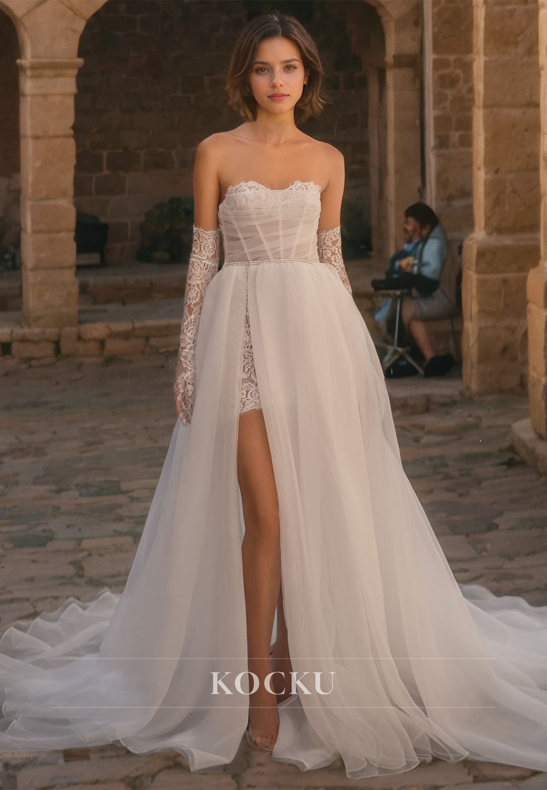 Beach Wedding Dress A-Line Strapless Half Sleeves High Split Boho Wedding Dress with Train