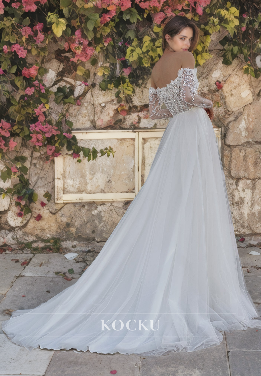 A Line Off-Shoulder Lace Wedding Gowns with Train Bridal Dress