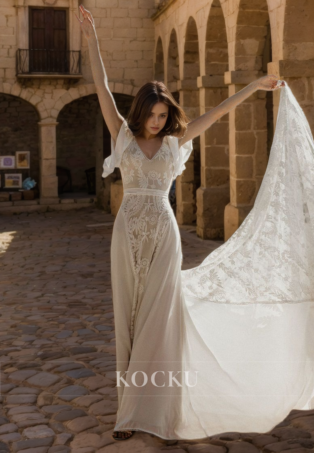 Classic & Timeless V-Neck Short sleeves Appliques Wedding Dress