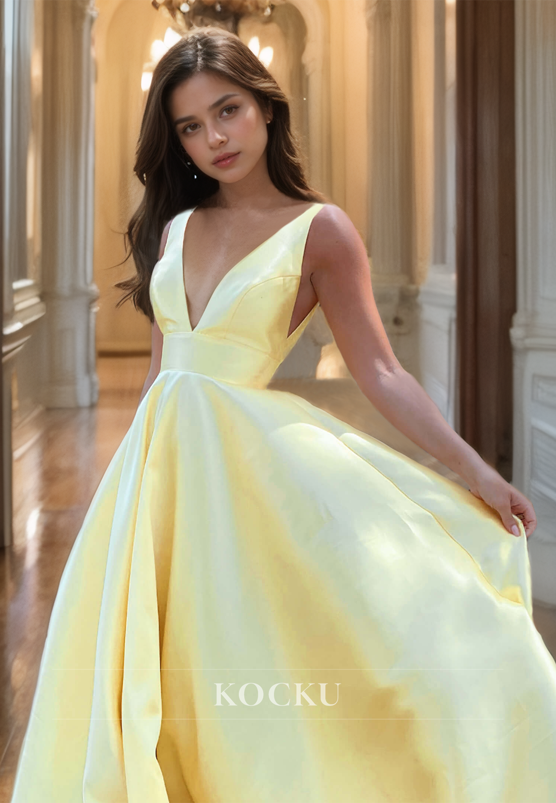 Causal&Simple V-Neck A-Line Sleeveless Pleated Satin Floor-Length Prom Dress