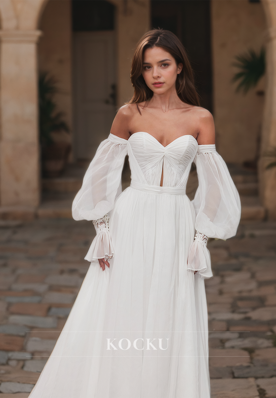 Sweetheart A-Line Three Quarter Sleeves Sweep Train Lace Wedding Dress with Cut Outs Bridal Gowns