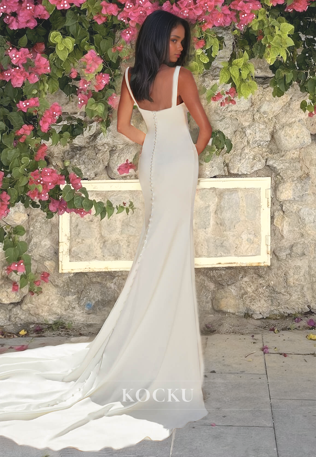 Sweetheart Sheath Spaghetti Straps Train Pleated Satin Wedding Dress with Cut Outs Bridal Dress