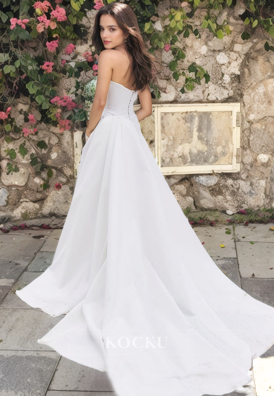 Strapless Sheath Sleeveless High Split Pleated Satin Wedding Dress with Overskirt Bridal Gowns