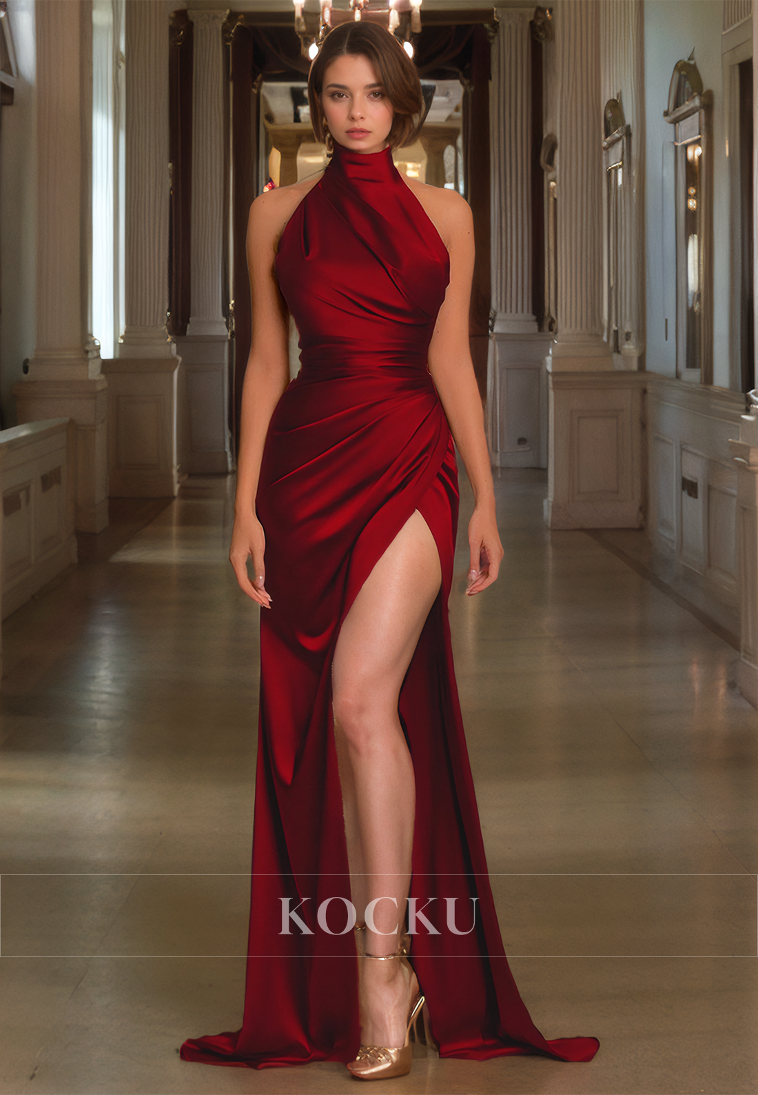 Classic & Timeless High Neck Split Ruched Satin Evening Party Prom Dress