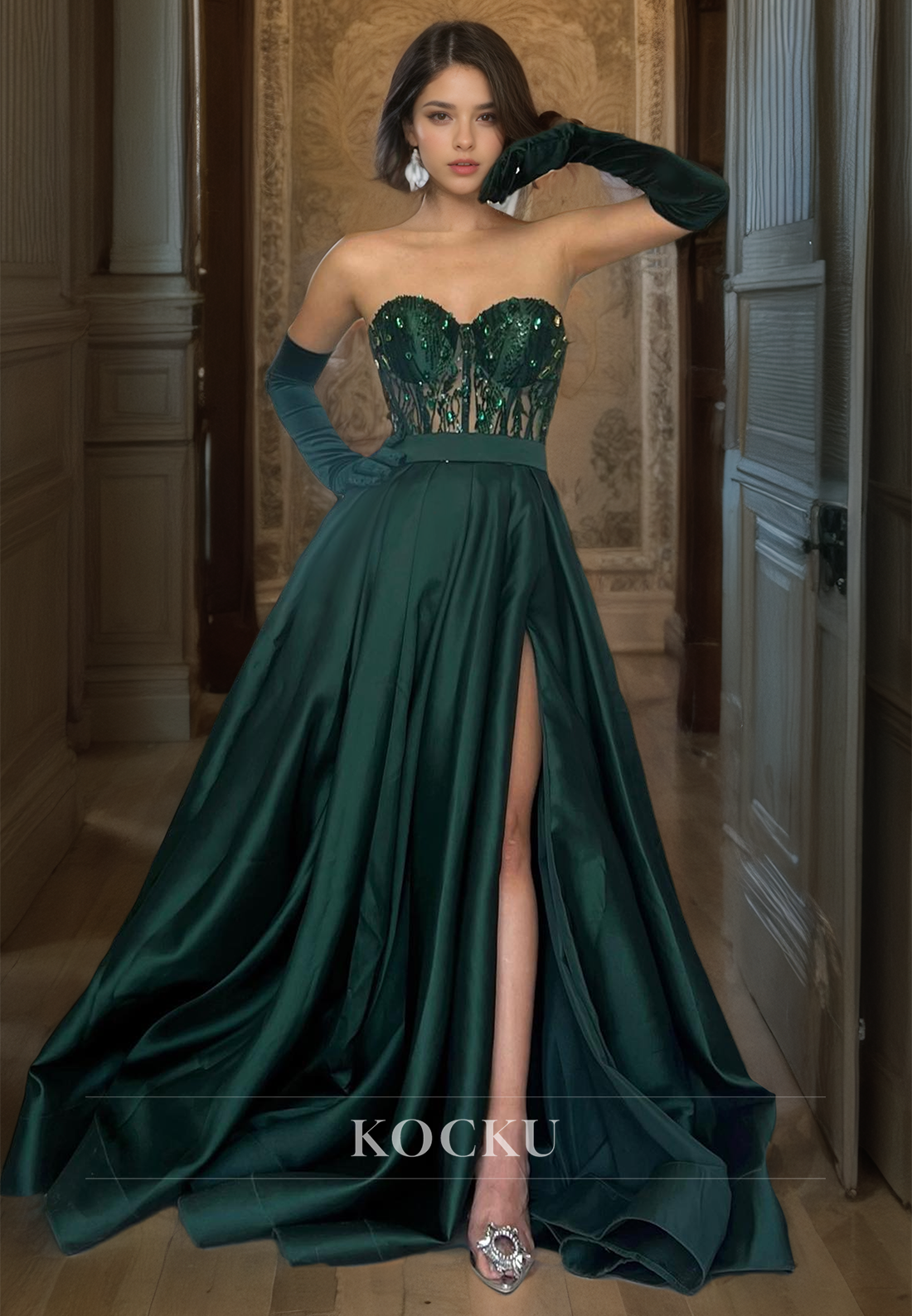 A-Line Sweetheart Half Sleeves High Split Satin Prom Dress with Beads Formal Gowns