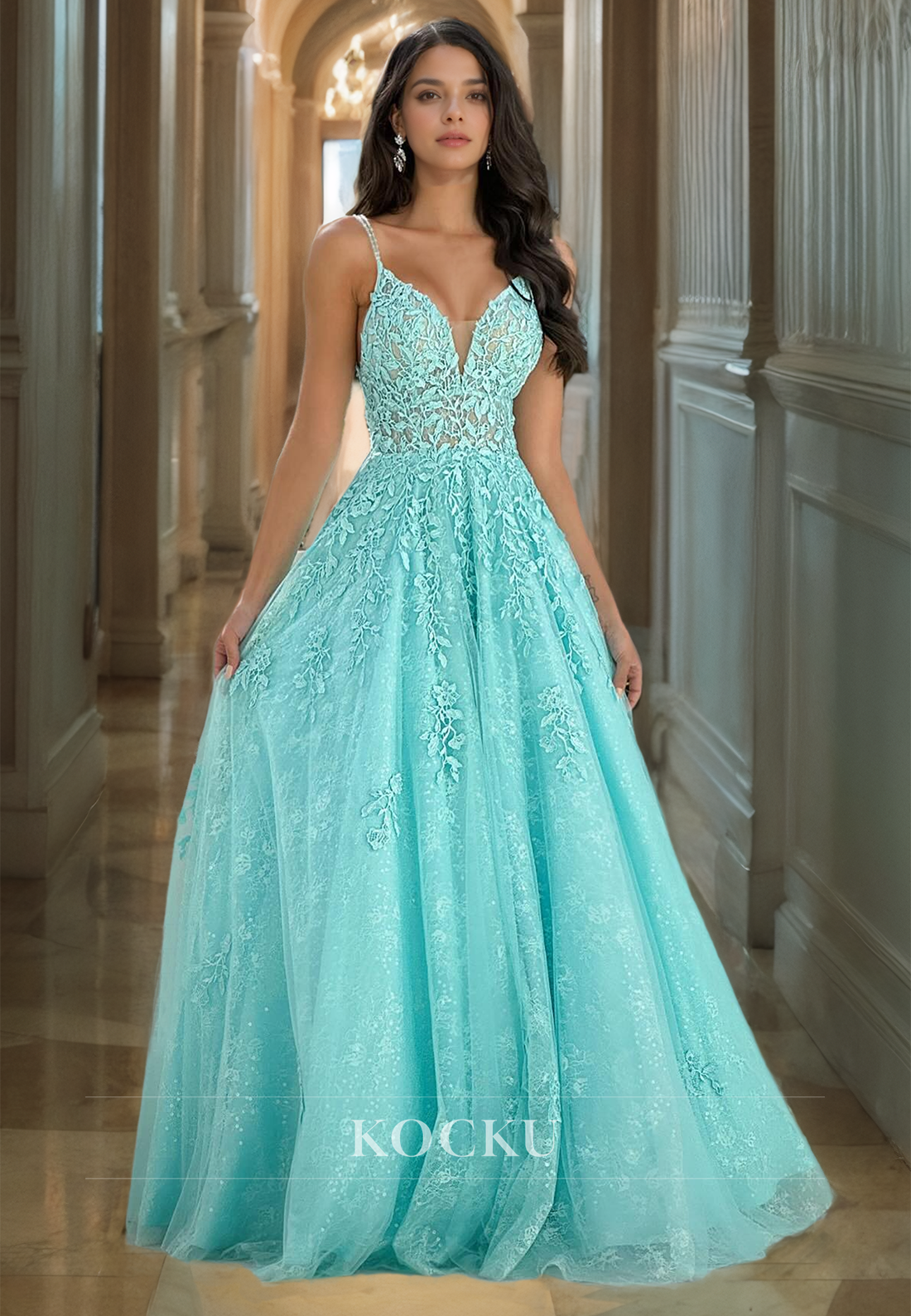 A-Line V-Neck Spaghetti Straps Floor-Length Lace Prom Dress with Appliques Party Dress