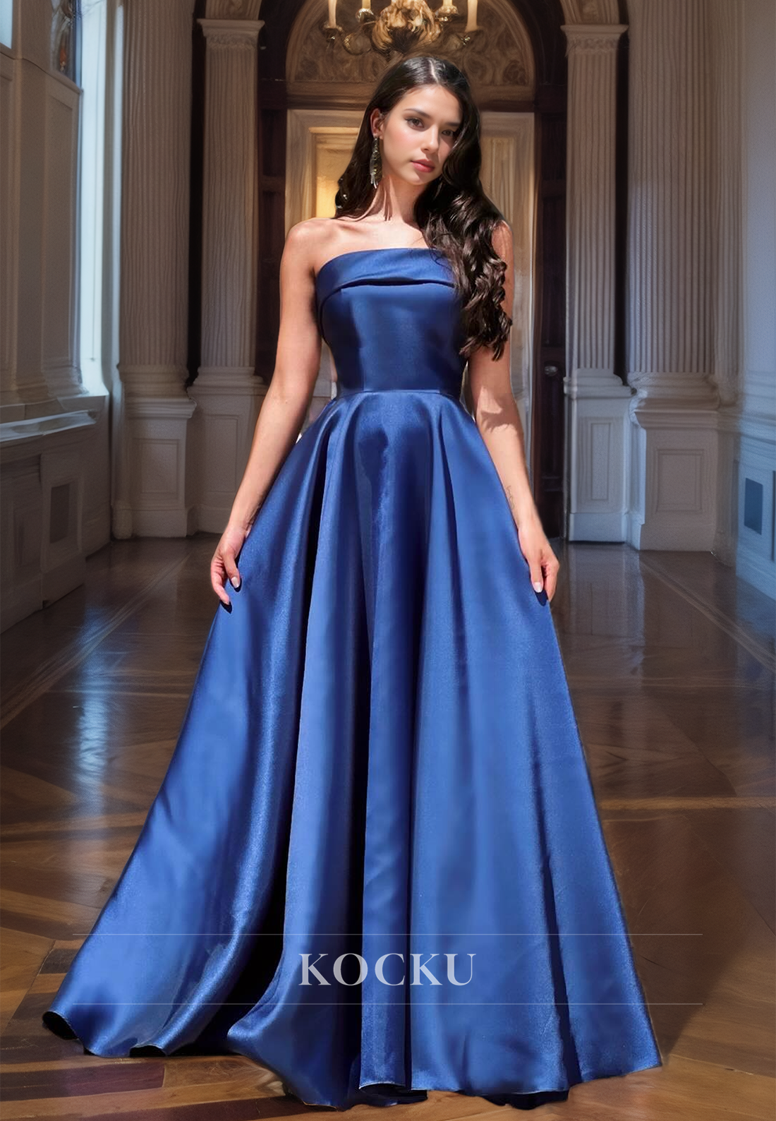 Strapless A-Line Sleeveless Pleated Satin Floor-Length Prom Dress Formal Gowns