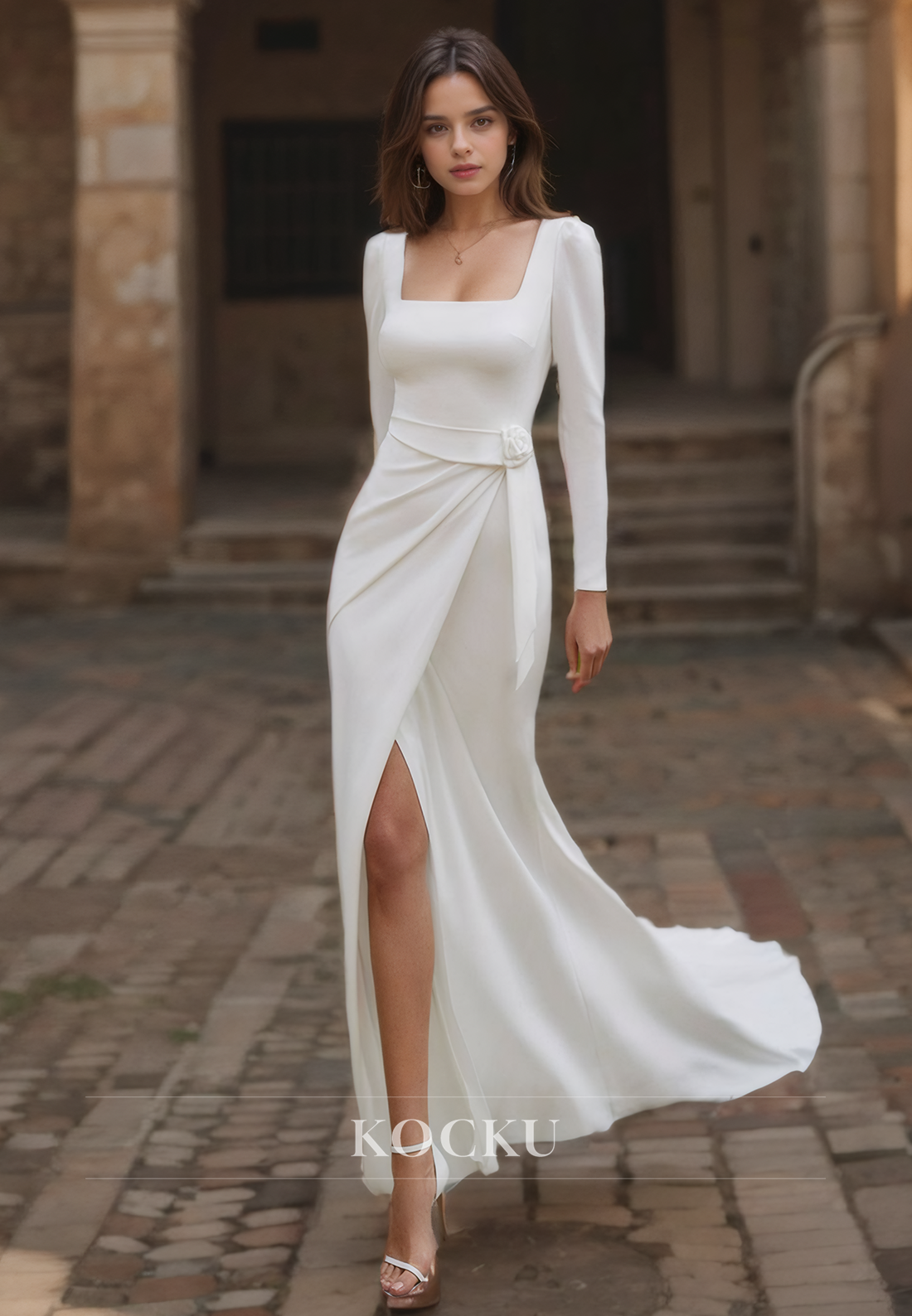 Beach Sheath Square Wedding Dress Long Sleeves Slit Pleated Satin Boho Gowns with Train