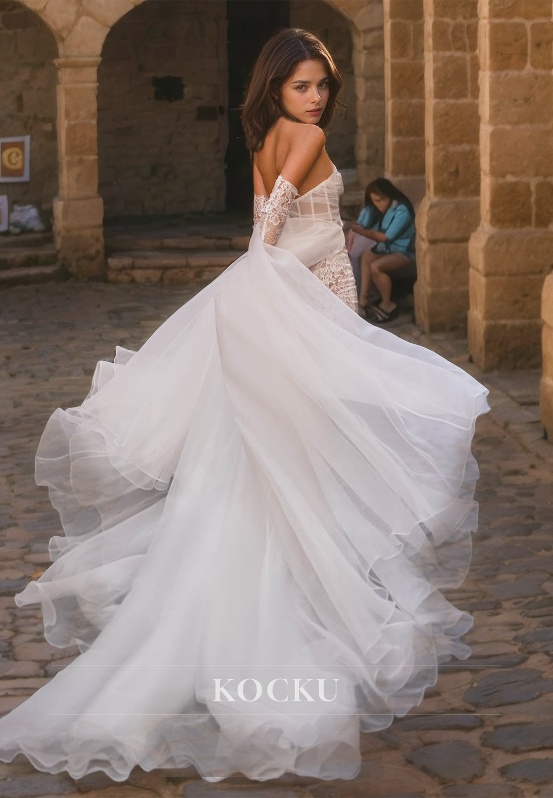 Beach Wedding Dress A-Line Strapless Half Sleeves High Split Boho Wedding Dress with Train