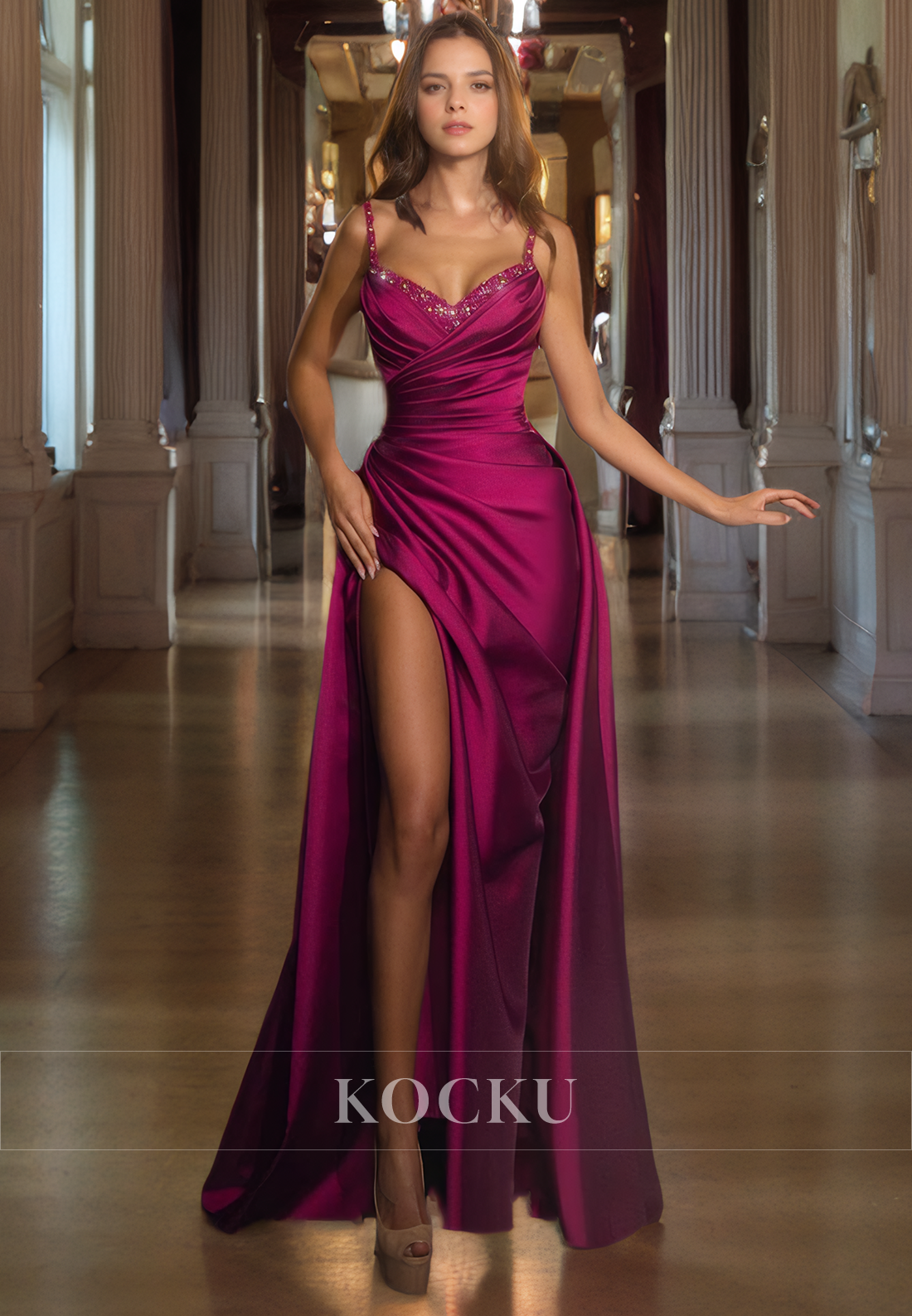 Elegant & Luxurious Spaghetti Straps V-Neck Split Satin Evening Party Prom Dress