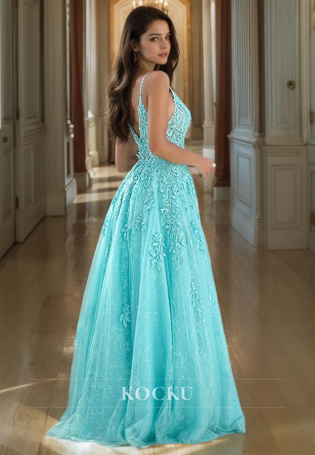 A-Line V-Neck Spaghetti Straps Floor-Length Lace Prom Dress with Appliques Party Dress