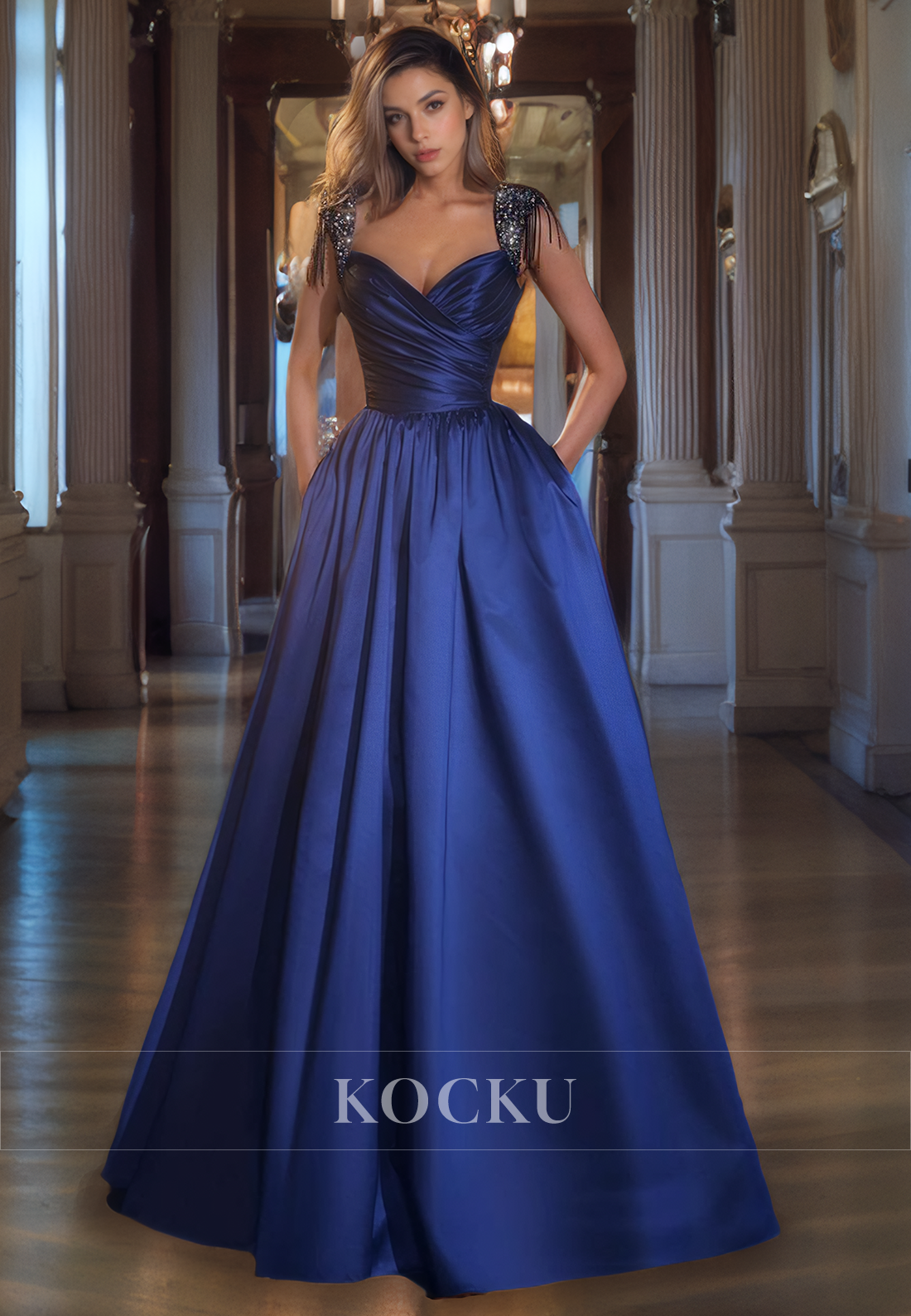 Couture & Ornate V-Neck Straps A-Line Satin Evening Party Prom Dress