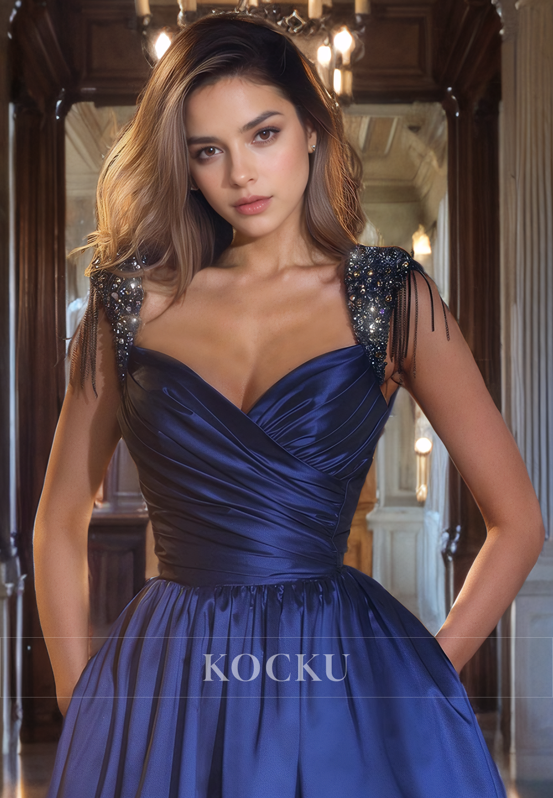 Couture & Ornate V-Neck Straps A-Line Satin Evening Party Prom Dress