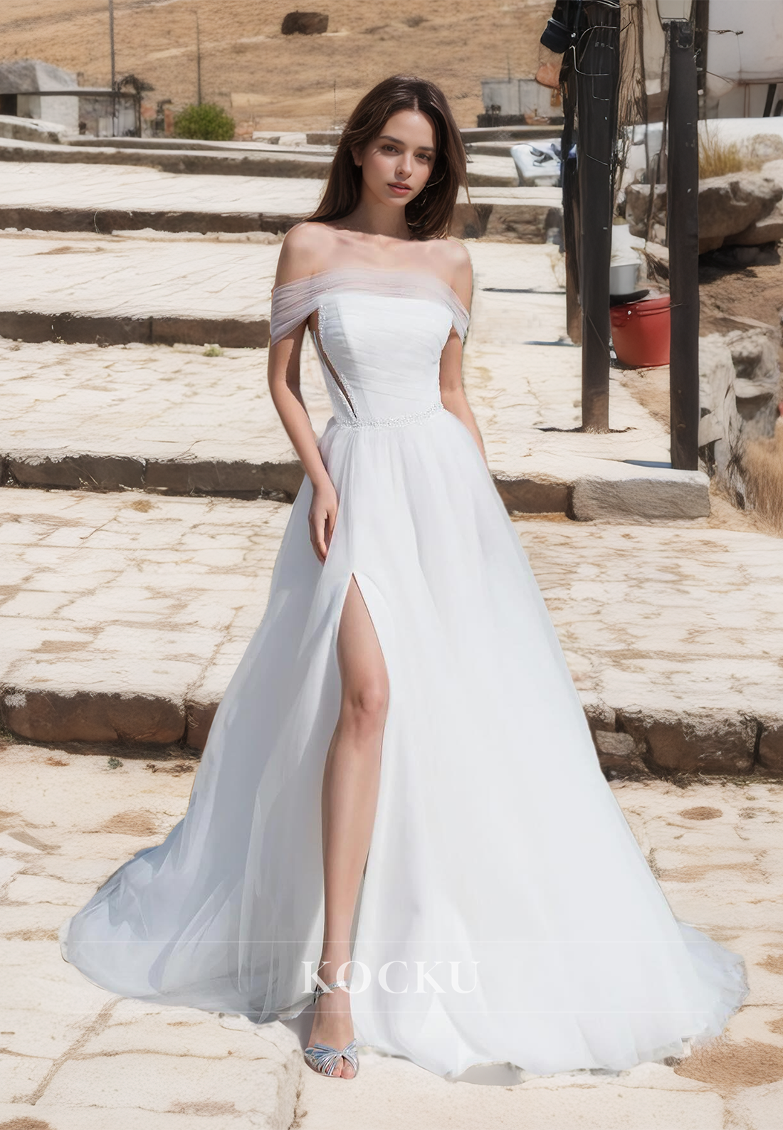 Elegant Boho Off-Shoulder A-Line Wedding Dress Sleeveless High Split Lace Beach Gowns with Train