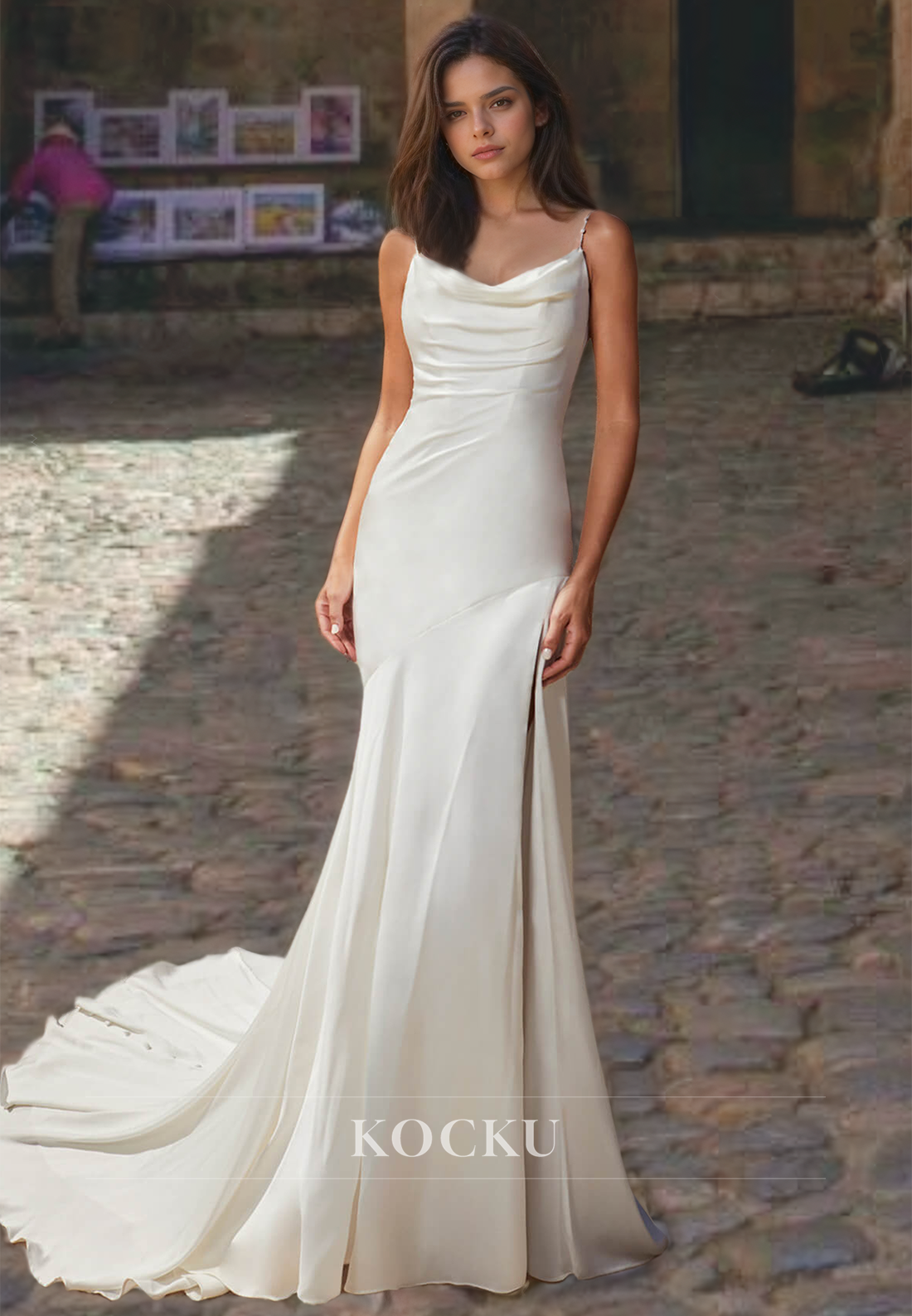 Spaghetti Straps Sheath Ruched High Split Train Pleated Satin Wedding Dress with Beads Bridal Dress