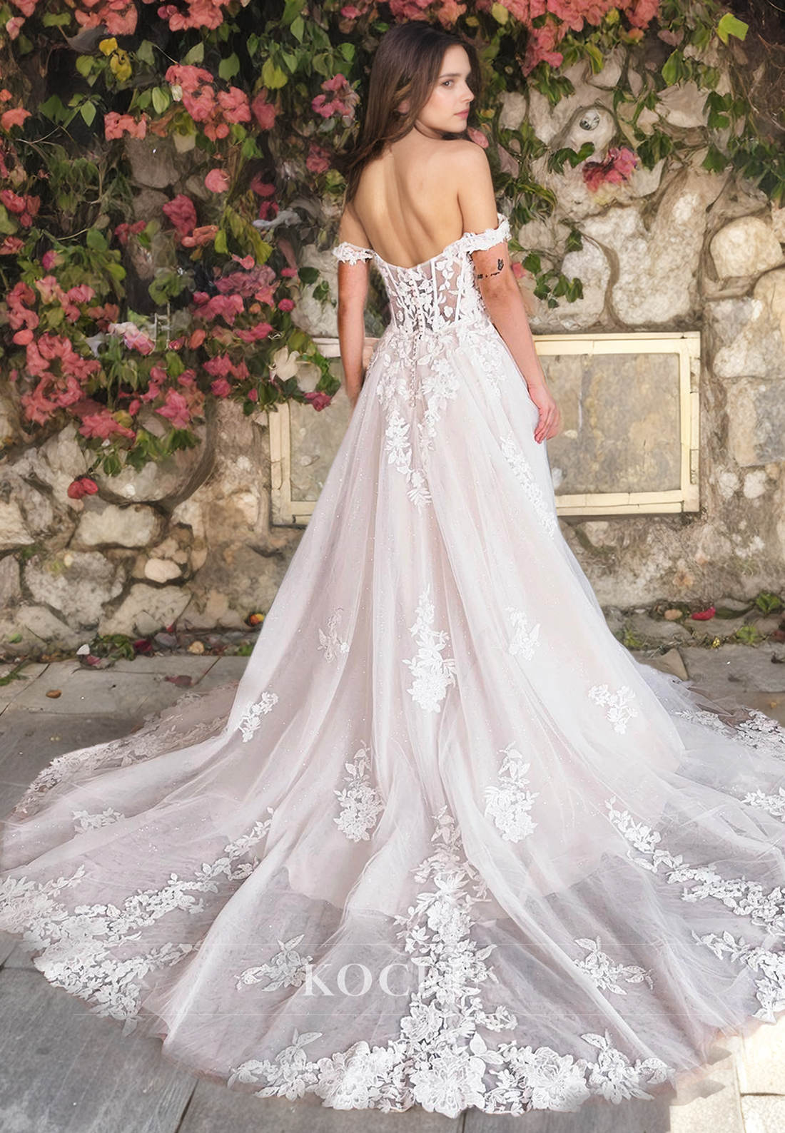 Off-Shoulder A-Line Sleeveless High Split Train Lace Bridal Gowns with Appliques Wedding Dress