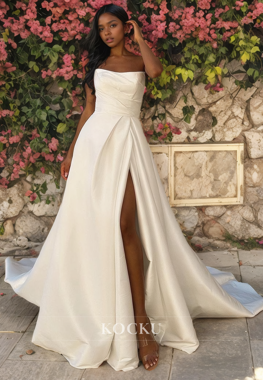 A-Line Strapless Sleeveless Wedding Dress Brush Train Pleated Satin Bridal Dress with High Split