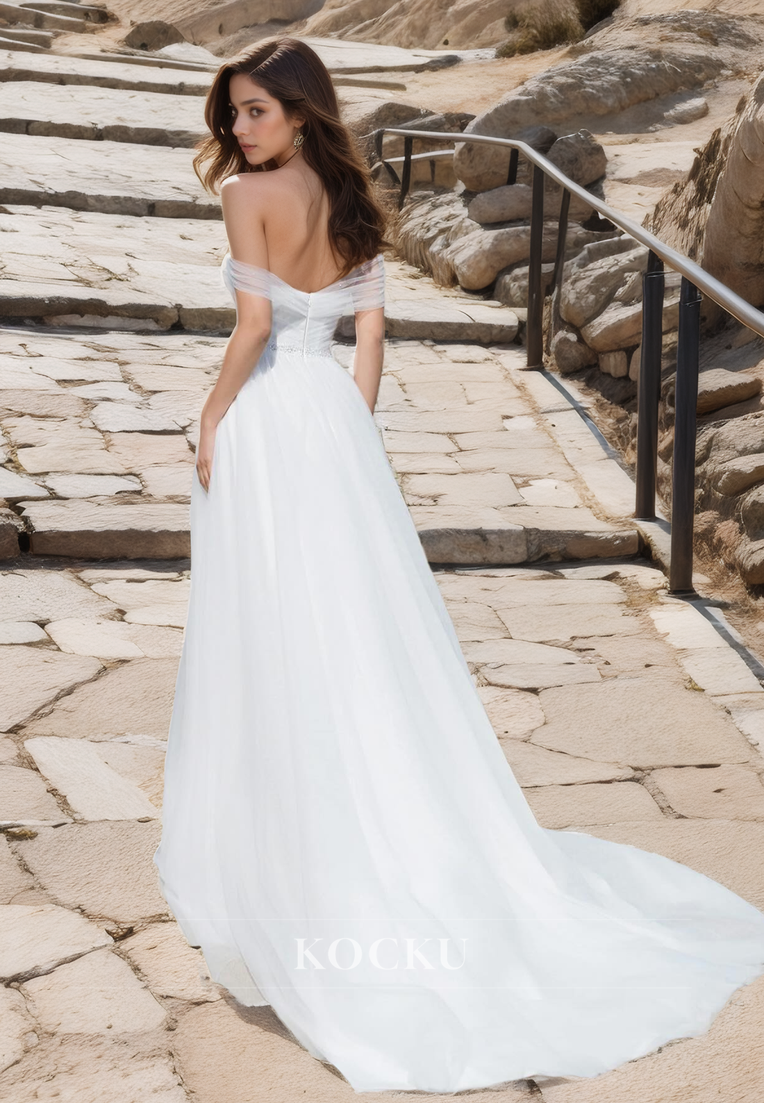 Elegant Boho Off-Shoulder A-Line Wedding Dress Sleeveless High Split Lace Beach Gowns with Train