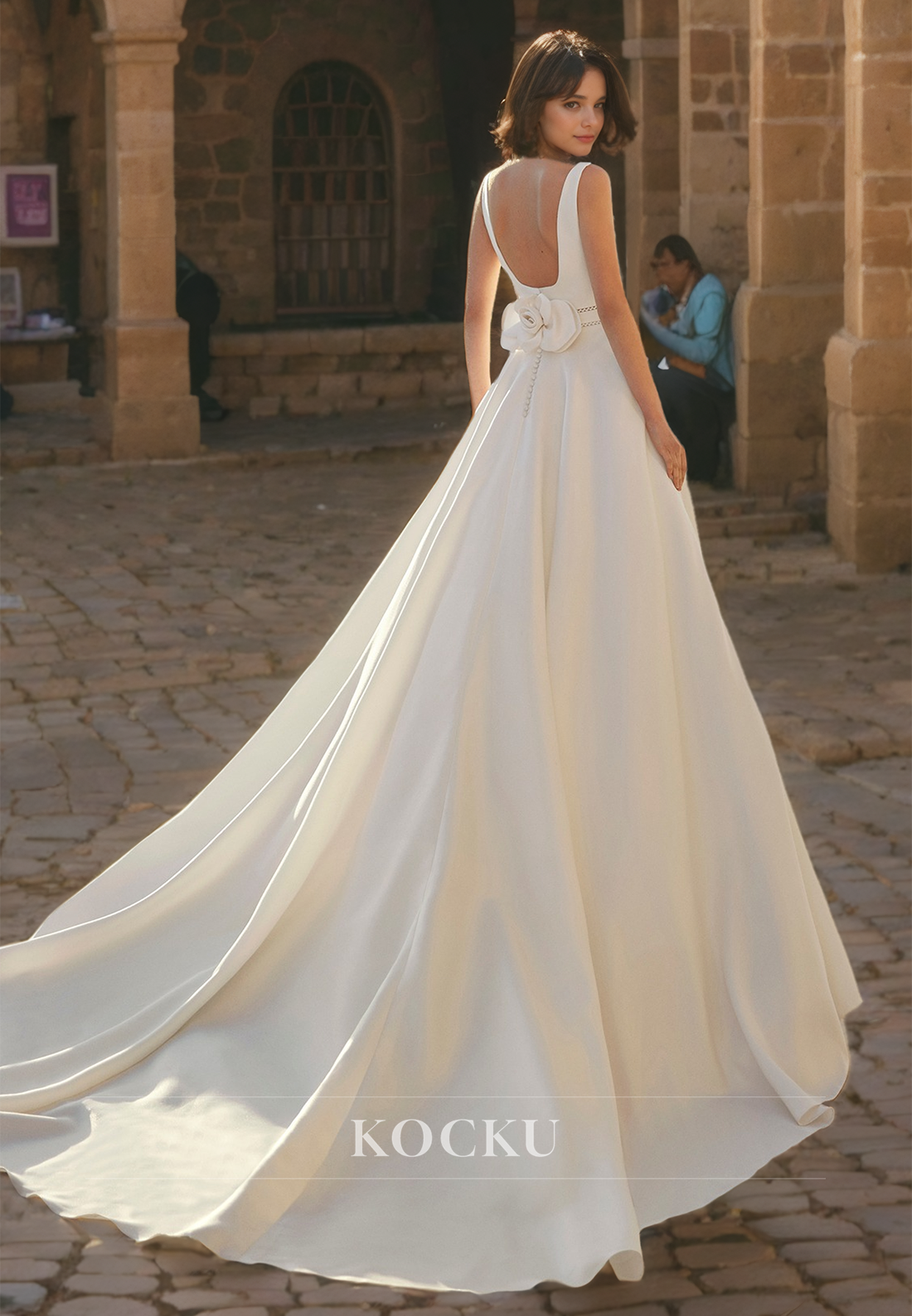 A-Line Square Neck Wedding Dress Sleeveless Bows Satin Bridal Dress with Train