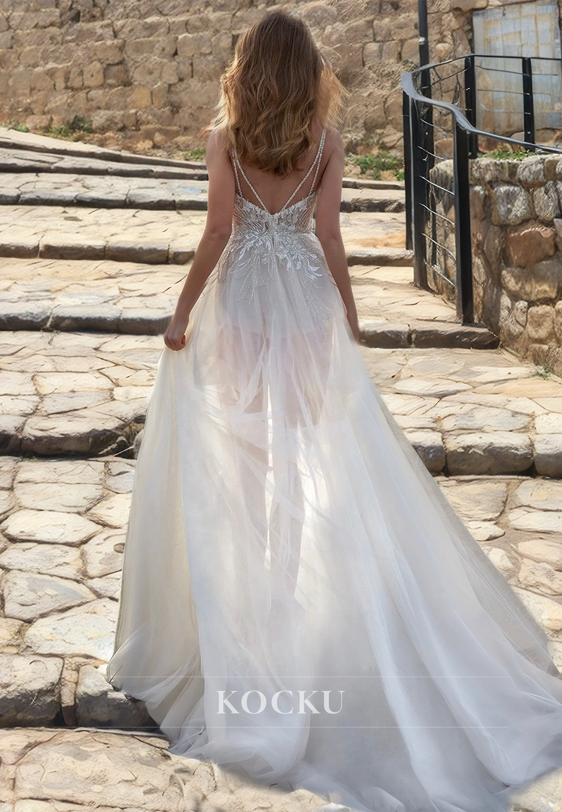 A-Line Sweetheart Spaghetti Straps Sheer Beads Lace Boho Wedding Dress with Appliques Beach Gowns