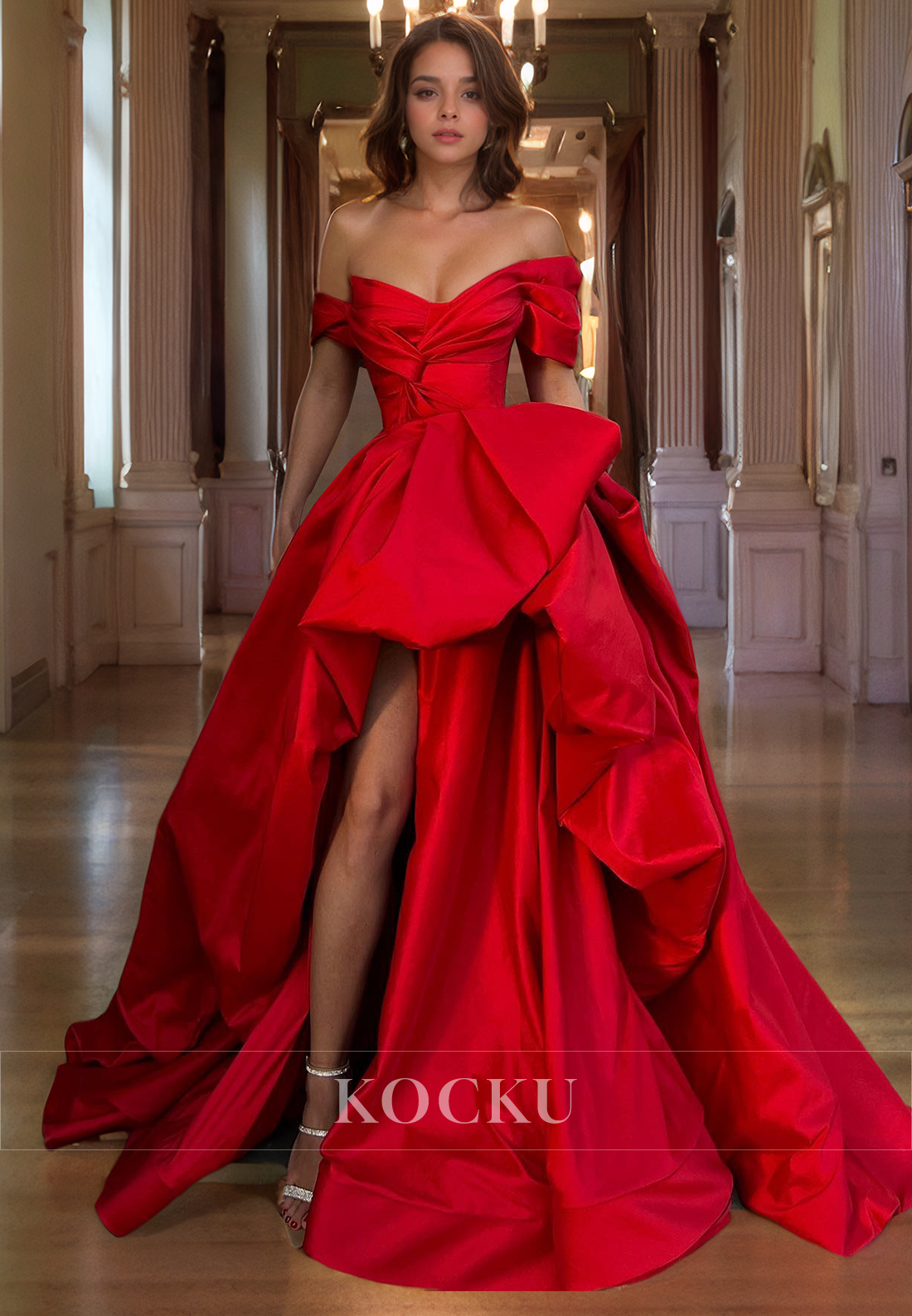 Couture & Ornate Off-Shoulder A-Line Split Satin Evening Party Prom Dress